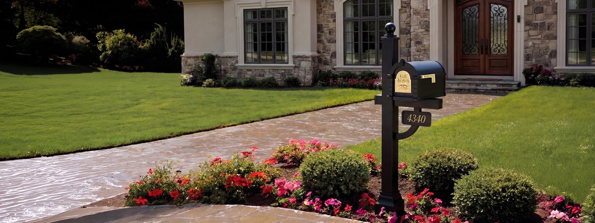 A black metal mailbox with a gold address plate and house number 4340, mounted on a post in a landscaped garden bed in front of a stone and stucco house.