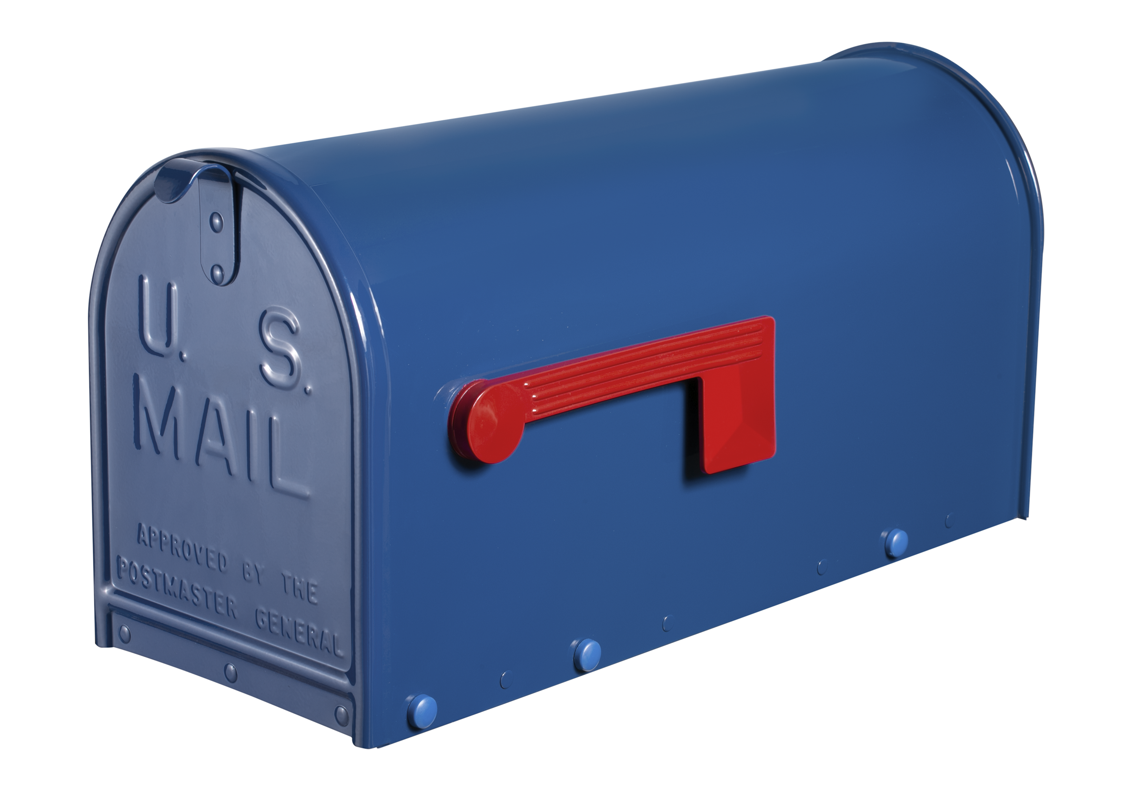 A premium blue metal mailbox with a distinguished red flag, showcasing embossed lettering for lasting curb appeal and superior durability.
