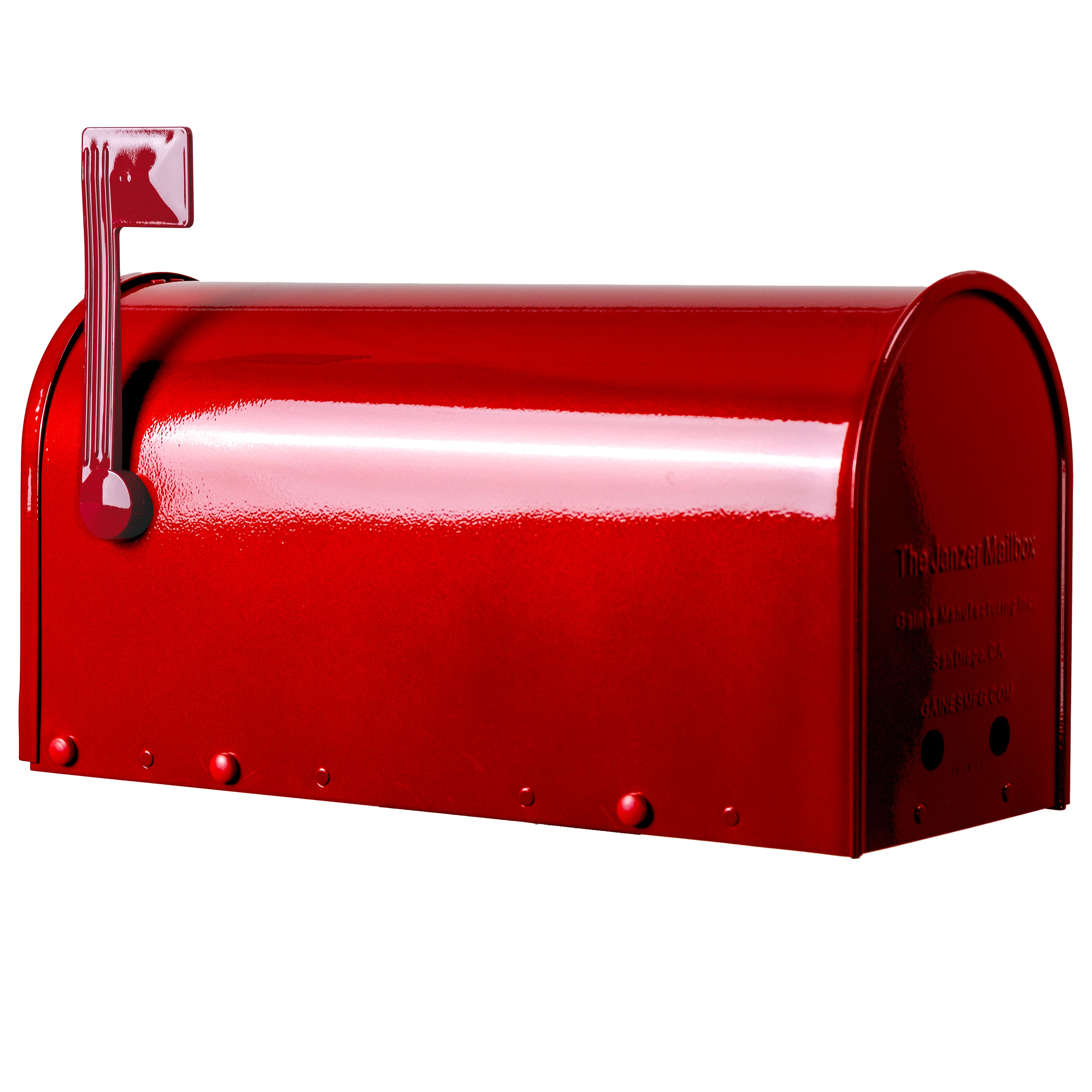 A Limited Edition Red Clear Coat Sparkle Janzer Mailbox by Gaines Manufacturing Inc, elegantly presented at an angle with its flag raised against a white background, featuring premium materials and exquisite craftsmanship that deliver unmatched durability and sophisticated curb appeal for discerning homeowners and high-end residences.