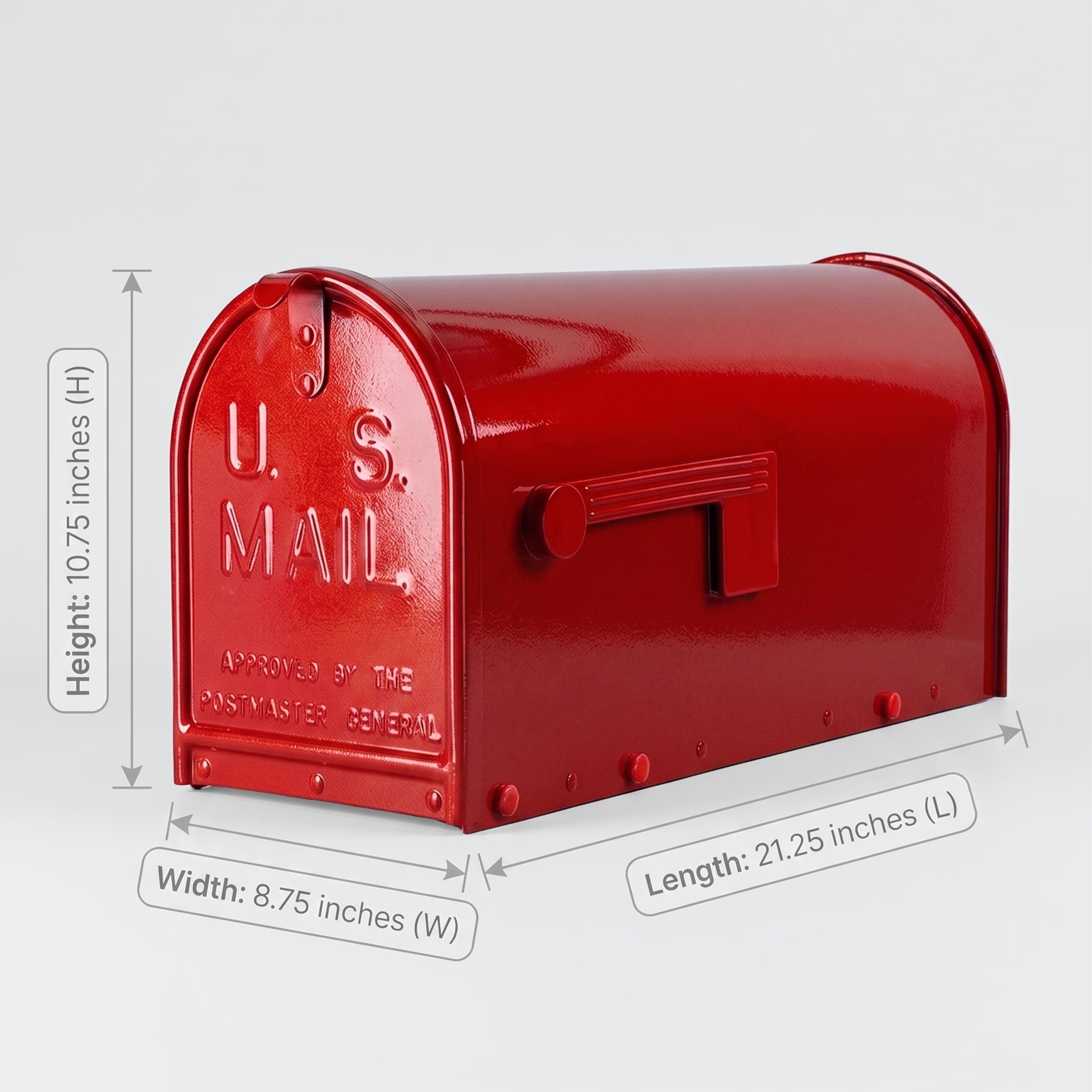 Limited Edition Red Clear Coat Sparkle Janzer Mailbox by Gaines Manufacturing Inc, expertly crafted for lasting durability and visual distinction, features a premium metal construction with an elegant glossy finish, refined handle, tastefully raised lettering, and stately proportions of 10.75 inches high by 8.75 inches wide by 21.25 inches long—ideal for enhancing the architectural presence and curb appeal of upscale residences and prestigious communities.