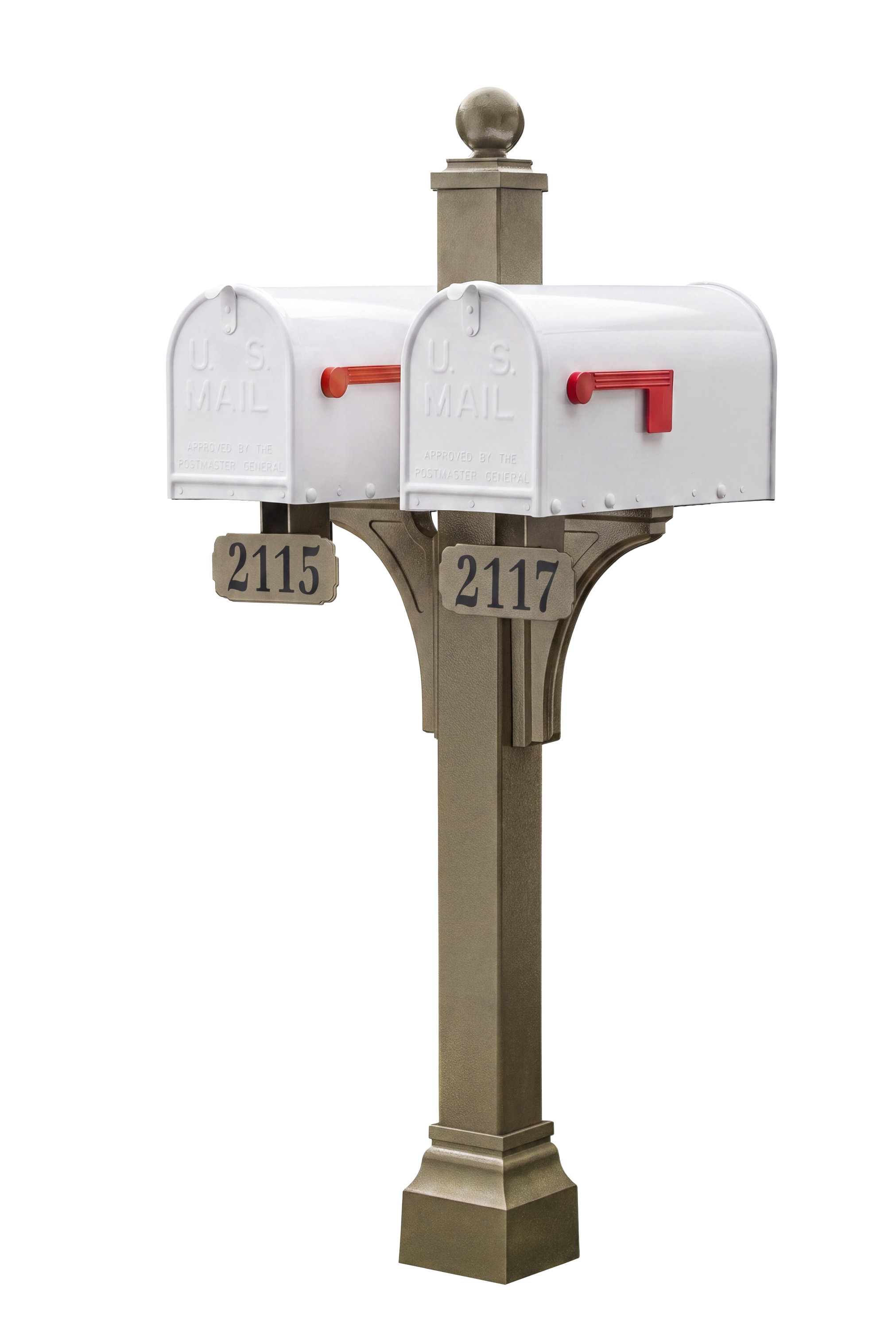 Showcasing superior craftsmanship, two premium white mailboxes with elegant red flags from the Gaines Manufacturing Inc Janzer Double and Multi Mount collection are showcased side by side on a richly finished brown post. Engineered for lasting durability and elevated curb appeal, the installation features sophisticated address plaques—2115 to the left and 2117 to the right—offering an upscale statement perfect for discerning homeowners and luxury communities, all set against a clean white background.