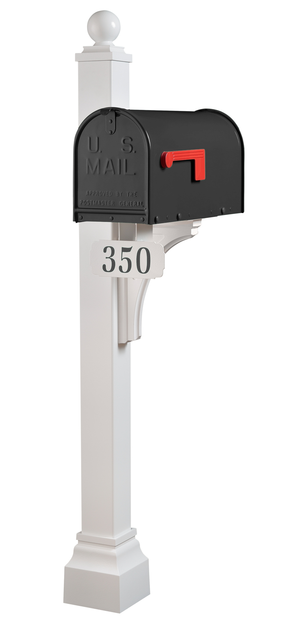 The Janzer Universal Post Package by Gaines Manufacturing Inc showcases an elegant black powder-coated steel mailbox with a refined red flag, securely mounted on a stately universal post. Engineered for exceptional longevity and resilience, this premium mailbox system combines architectural-grade materials with sophisticated curb appeal, prominently featuring house number 350 to elevate the entrance of distinguished residences, all presented on a pristine white background.