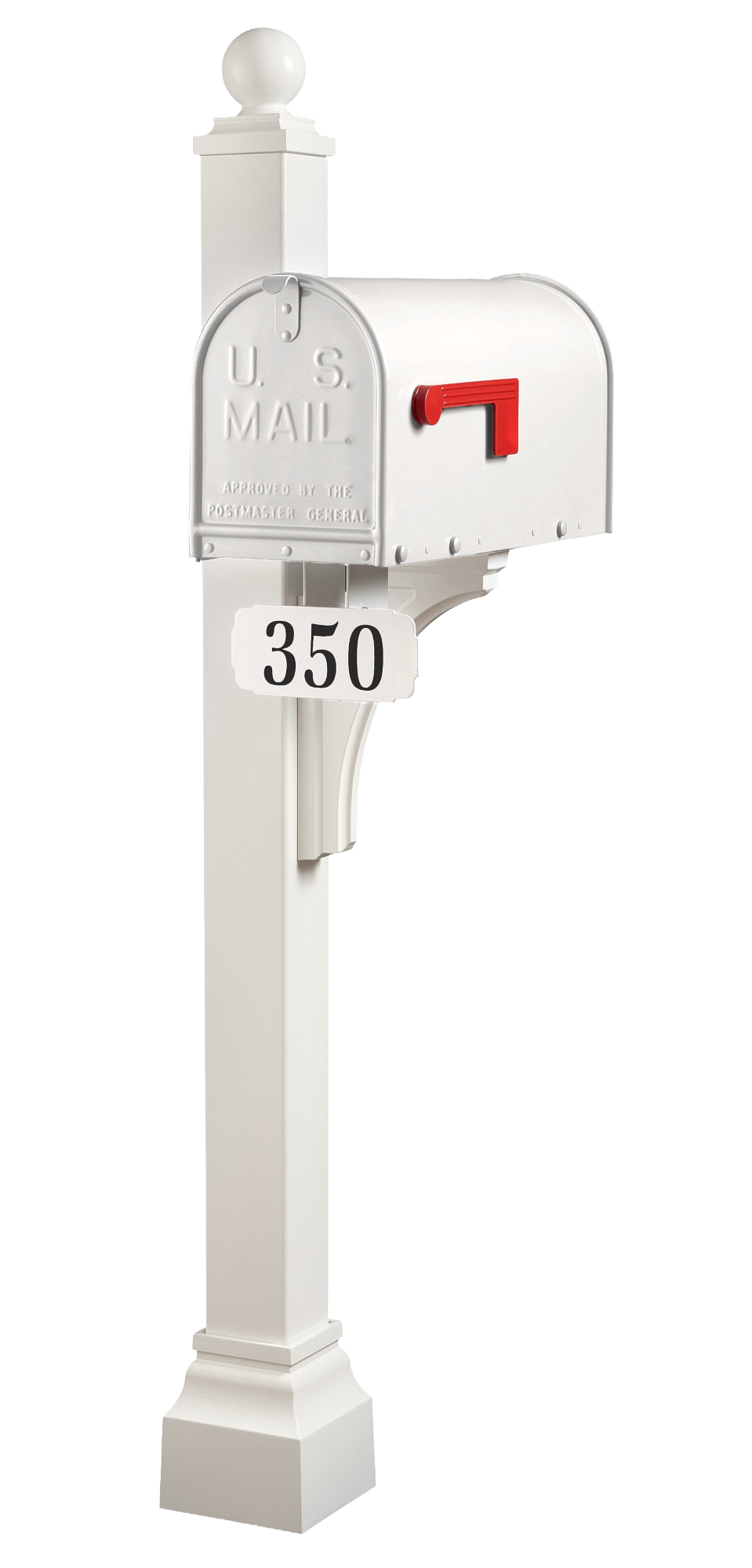 A premium white U.S. mailbox with a bold red flag is elegantly mounted on the Janzer Universal Post Package by Gaines Manufacturing Inc., crafted from superior, weather-resistant materials and designed to enhance curb appeal. The distinctive house number 350 is prominently displayed on a stylish sign beneath the mailbox, creating an impression of refined durability for discerning homeowners and prestigious communities.