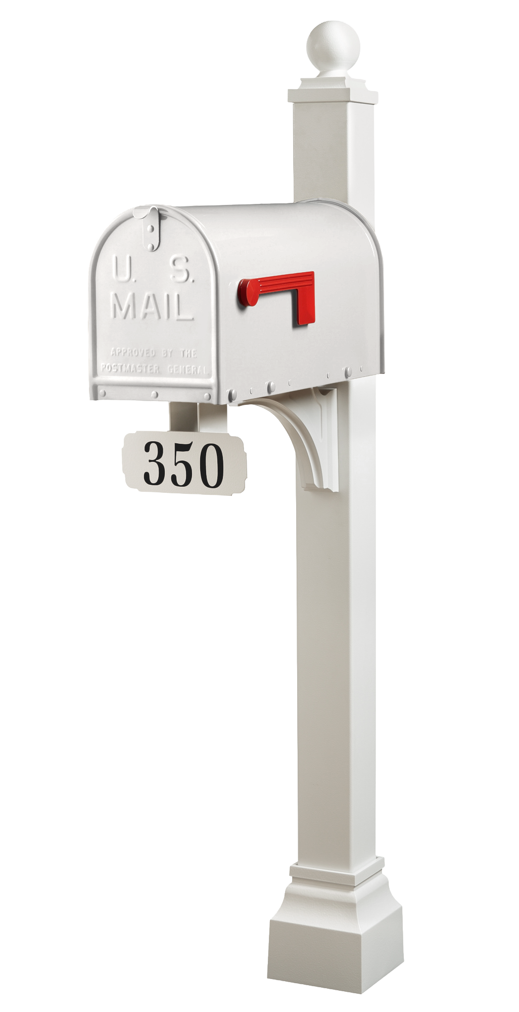 A Janzer Universal Post Package by Gaines Manufacturing Inc, showcasing a pristine white powder-coated steel mailbox with a bold red flag, elegantly mounted on a coordinating white post. Designed for exceptional durability and timeless curb appeal, this premium mailbox ensemble conveys sophistication ideal for luxury residences and discerning HOAs. A refined address plaque displaying the number 350 is suspended beneath the mailbox.