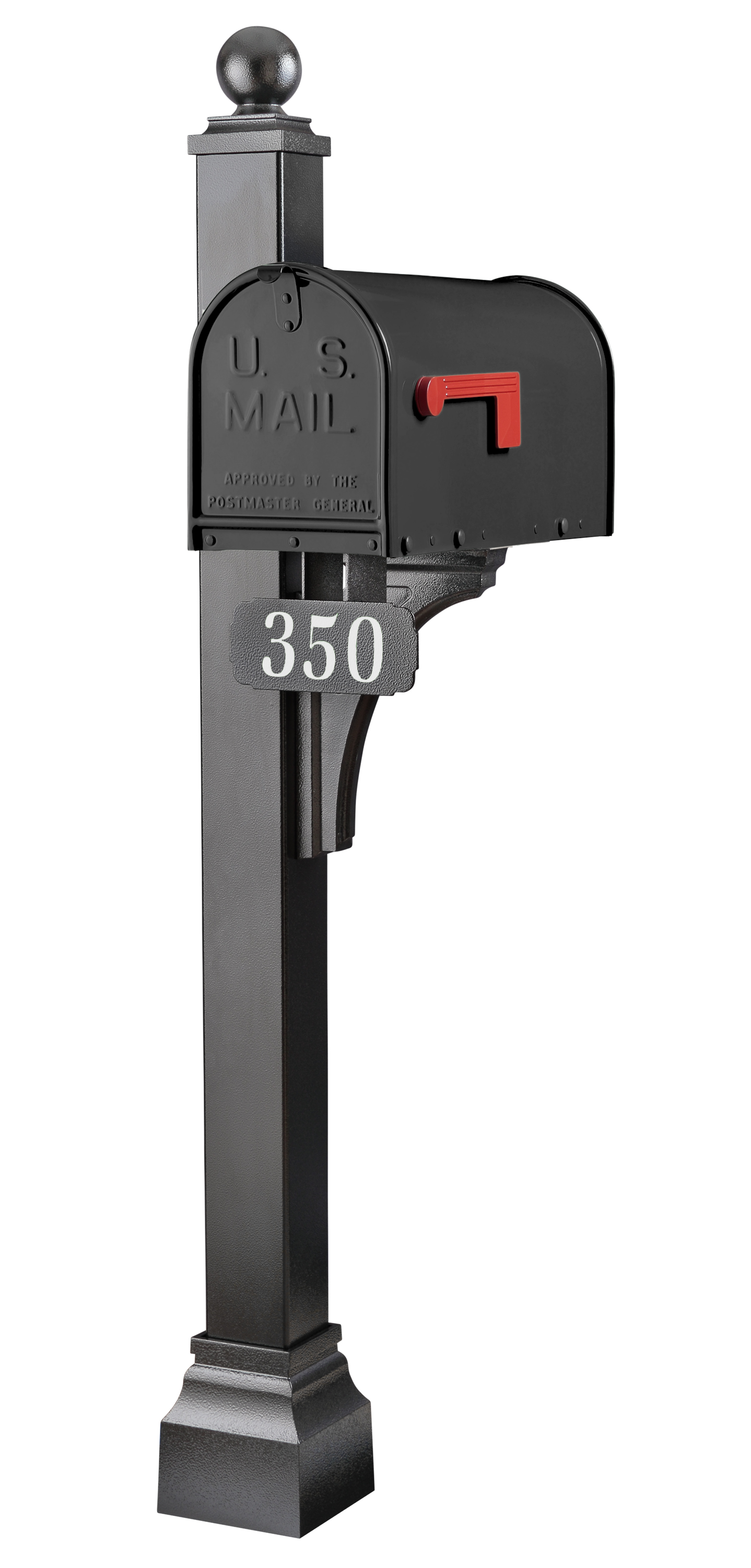 A distinguished black U.S. Mail mailbox with a refined red flag is elegantly mounted on the Janzer Universal Post Package by Gaines Manufacturing Inc, showcasing an architecturally graceful arched top and a meticulously crafted powder-coated steel post labeled 350. This premium installation combines unmatched durability with timeless curb appeal, reflecting Postmaster General approval for both excellence and enduring value—an ideal choice for high-end residences and discerning communities.
