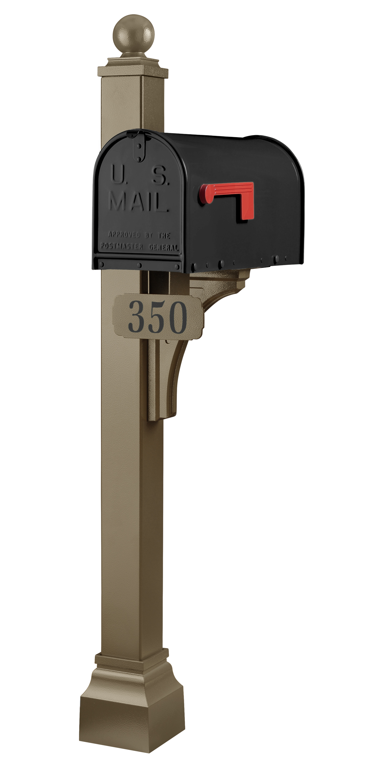 A sophisticated black powder-coated steel mailbox with an elegant red flag is showcased on the distinguished beige Janzer Universal Post Package by Gaines Manufacturing Inc, labeled 350. The post, crafted for exceptional durability, features a refined ornamental top and a robust base—delivering superior material quality and enhancing luxury curb appeal.