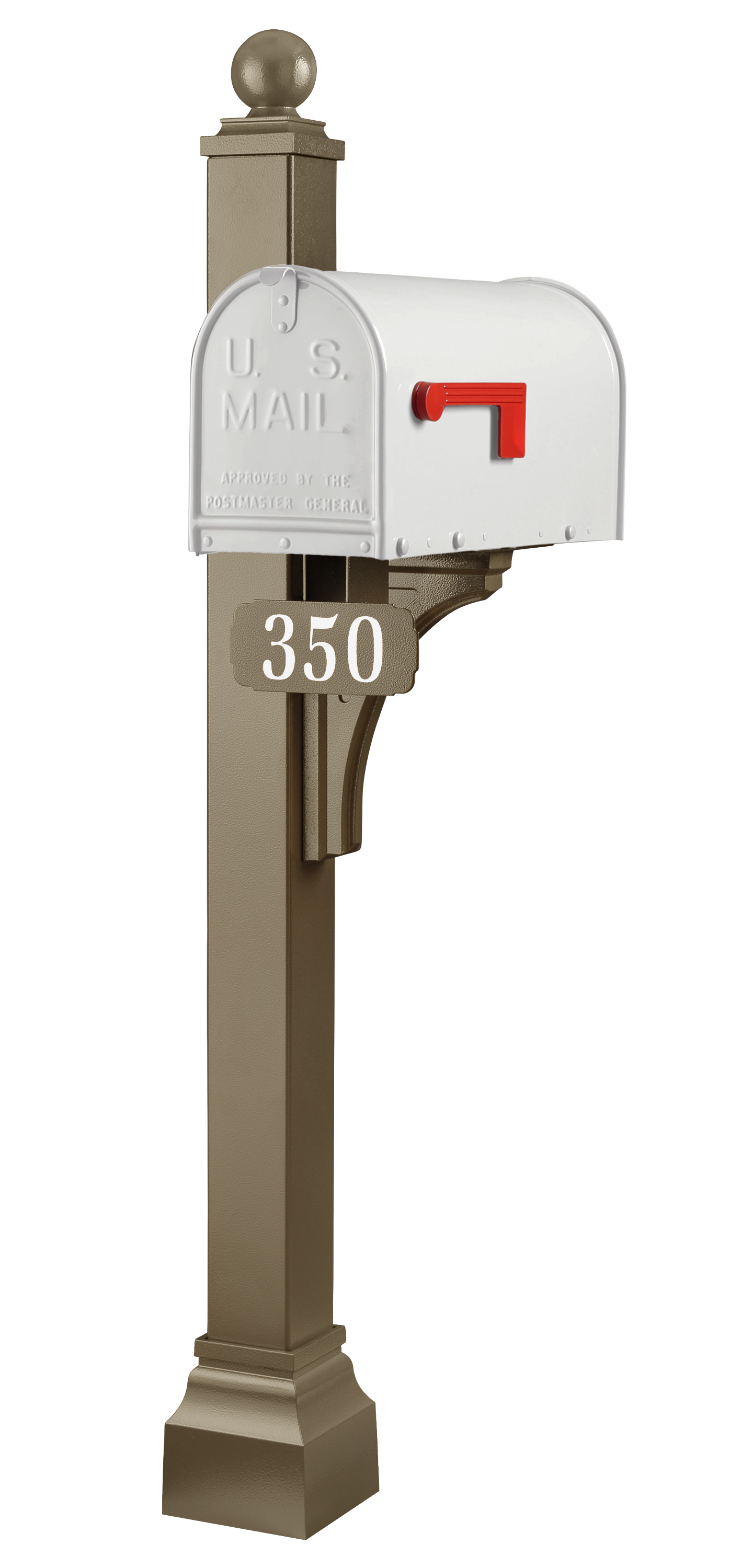 A premium white U.S. Mail mailbox with a red flag, elegantly displayed atop the tall, architecturally refined Janzer Universal Post Package by Gaines Manufacturing Inc; the post features a rich brown finish and upscale detailing, clearly marked with the number 350 to complement both luxury residences and high-end community entrances.