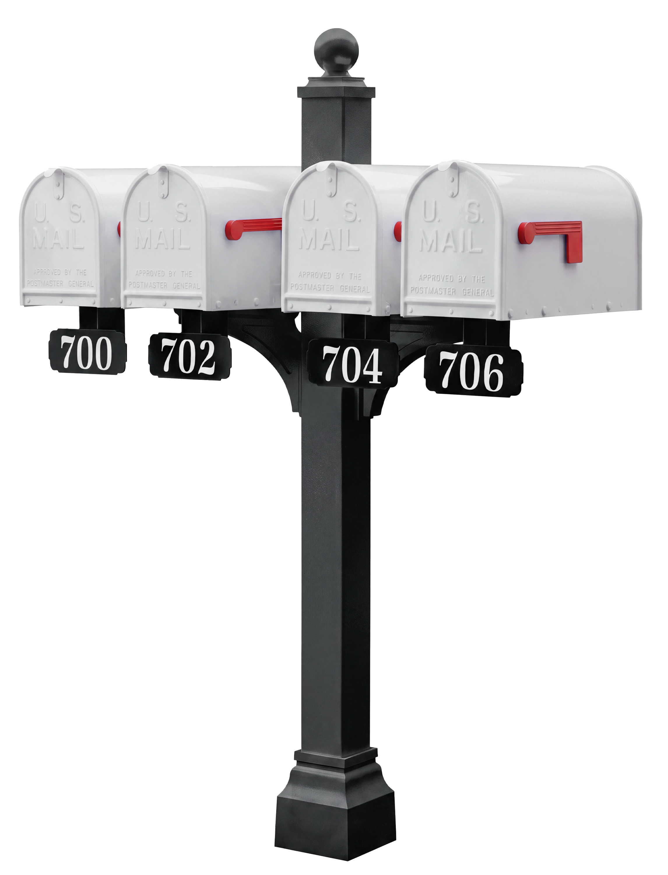 A quartet of premium white Janzer mailboxes by Gaines Manufacturing Inc., each featuring refined red flags and distinguished house numbers 700, 702, 704, and 706, elegantly arranged on a robust black Janzer Double and Multi Mount. This thoughtfully engineered installation is accented with sophisticated address plaques for effortless visibility—delivering enduring quality and exceptional curb appeal ideal for upscale residences and discerning communities.