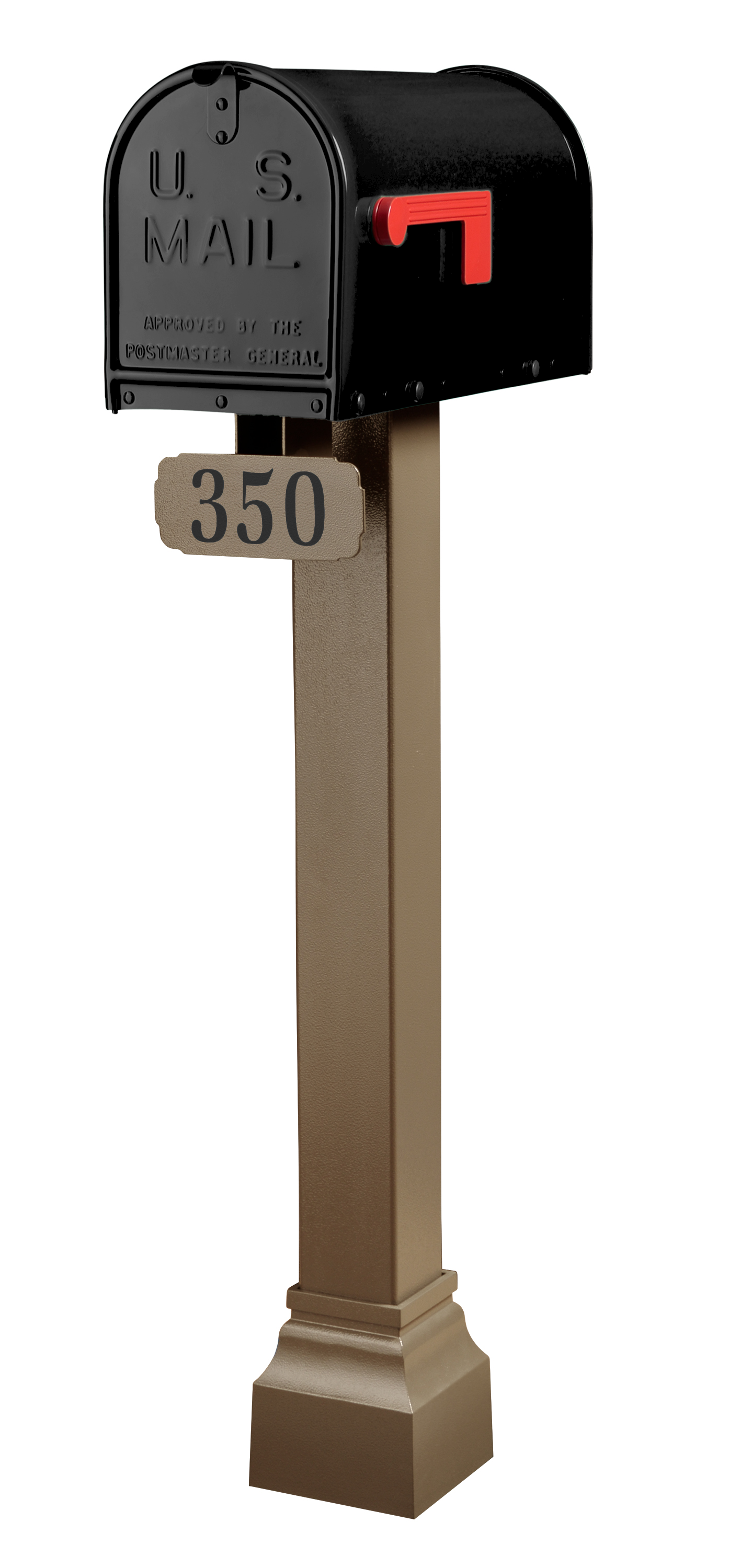 A premium, black, weather-resistant mailbox from Gaines Manufacturing Inc is elegantly mounted on a stately, high-quality brown post featured in the Janzer Standard Post Package. The sophisticated ensemble is completed by a refined metal sign with the number 350 showcased below the mailbox, offering both enduring durability and exceptional curb appeal for discerning homeowners.