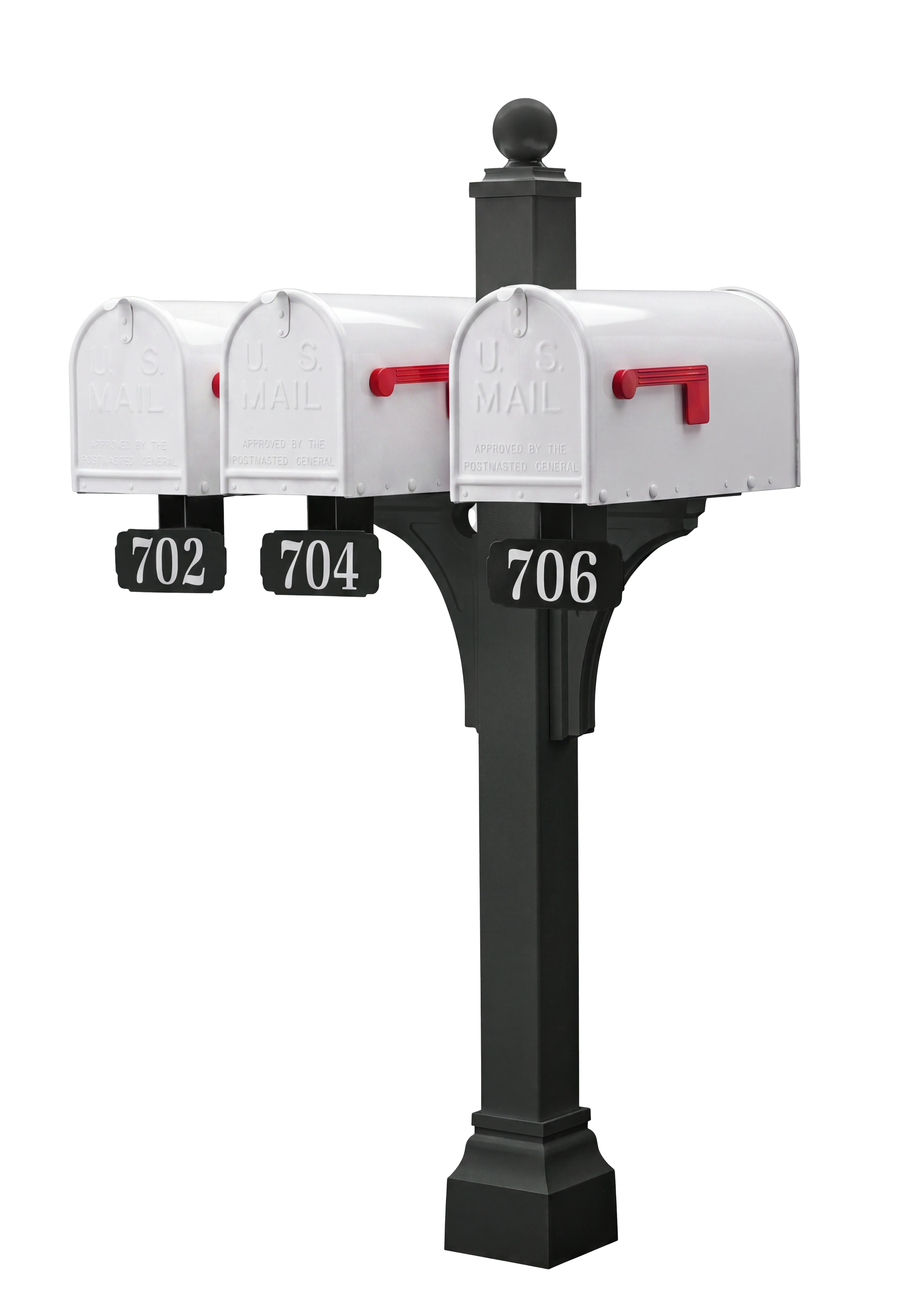 Three premium white U.S. mailboxes with red flags by Gaines Manufacturing Inc are showcased on an architecturally striking, high-durability black Janzer Double and Multi Mount. Each mailbox features a distinct black address plaque—702, 704, and 706—offering a blend of timeless elegance and superior materials designed to elevate curb appeal for discerning homeowners and exclusive HOAs. The background is clean white, emphasizing the sophisticated silhouette.