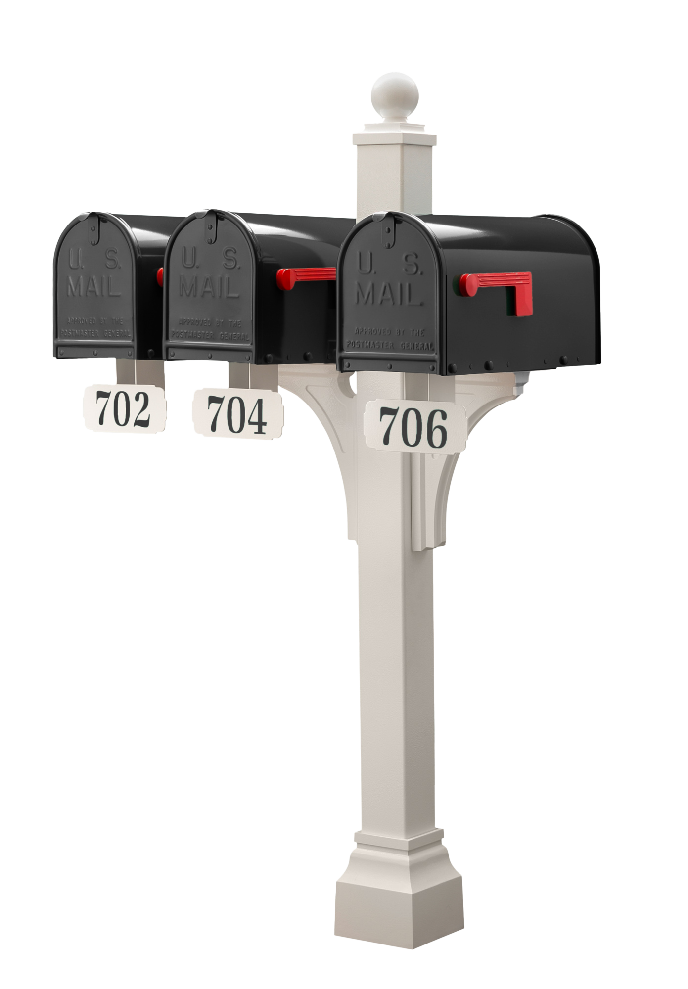 Showcasing three black Gaines Manufacturing Inc mailboxes with elegant red flags, each affixed to the premium Janzer Double and Multi Mount—renowned for its superior, weather-resistant materials and engineered stability. Distinctive address plaques numbered 702, 704, and 706 enhance the luxurious aesthetic, exemplifying upscale curb appeal against a clean white backdrop—an ideal choice for discerning homeowners and exclusive HOAs seeking lasting quality and architectural refinement.