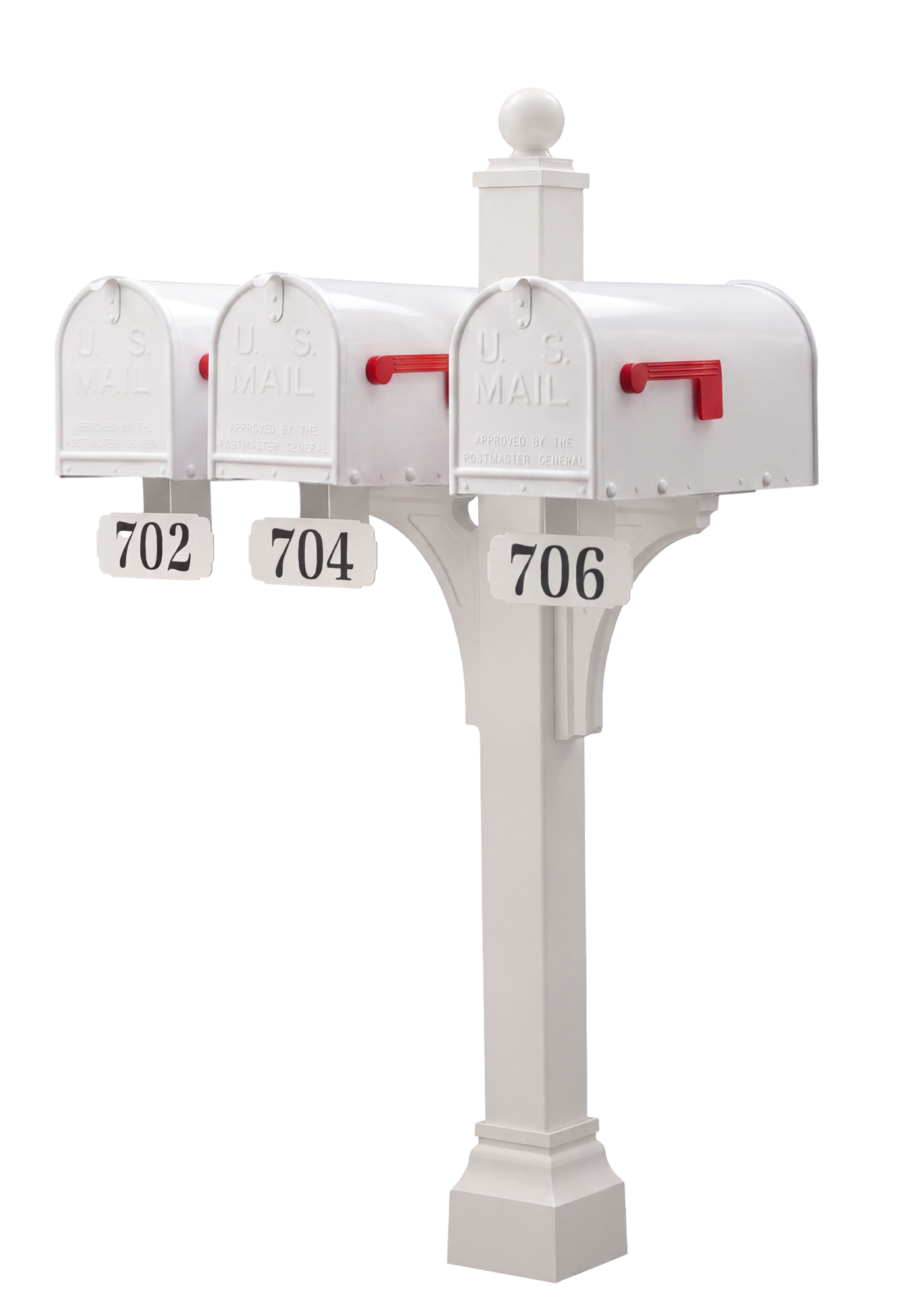 A trio of elegantly crafted white U.S. mailboxes with refined red flags are showcased atop the Gaines Manufacturing Janzer Double and Multi Mount system, designed for lasting durability and timeless curb appeal. Each mailbox features premium, integrated address plaques—numbered 702, 704, and 706—complementing the sophisticated multi-mount post structure. The clean, white background highlights the architectural prestige and superior materials suited to discerning homeowners or exclusive HOA communities.
