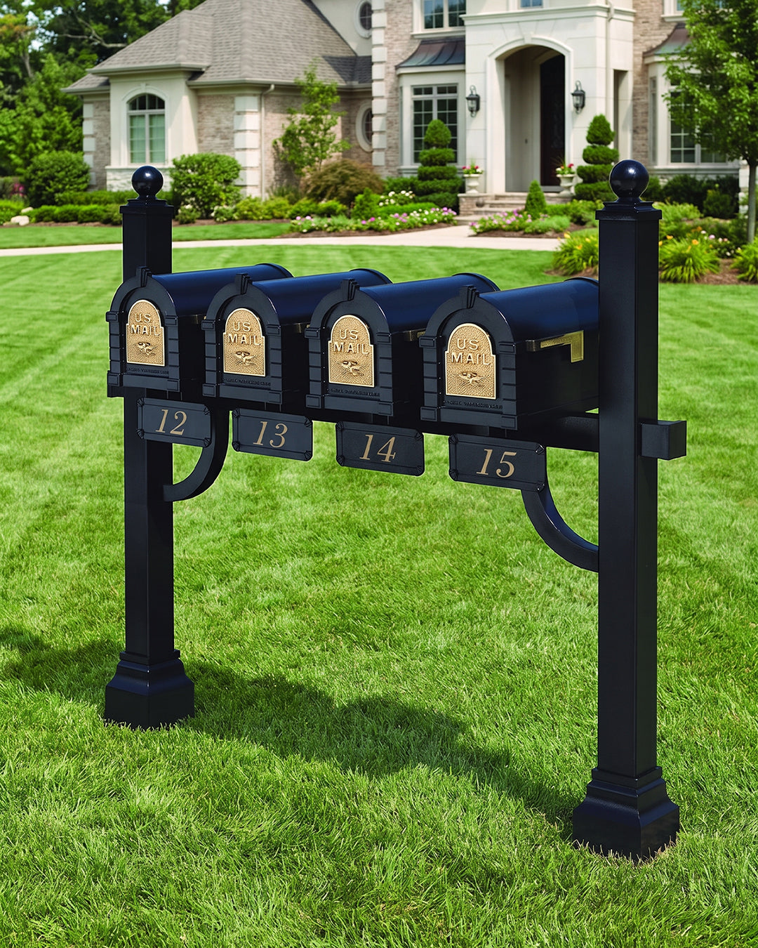 Five premium black mailboxes with gold numbers 11–15 on a robust post, offering lasting elegance and upscale curb appeal.