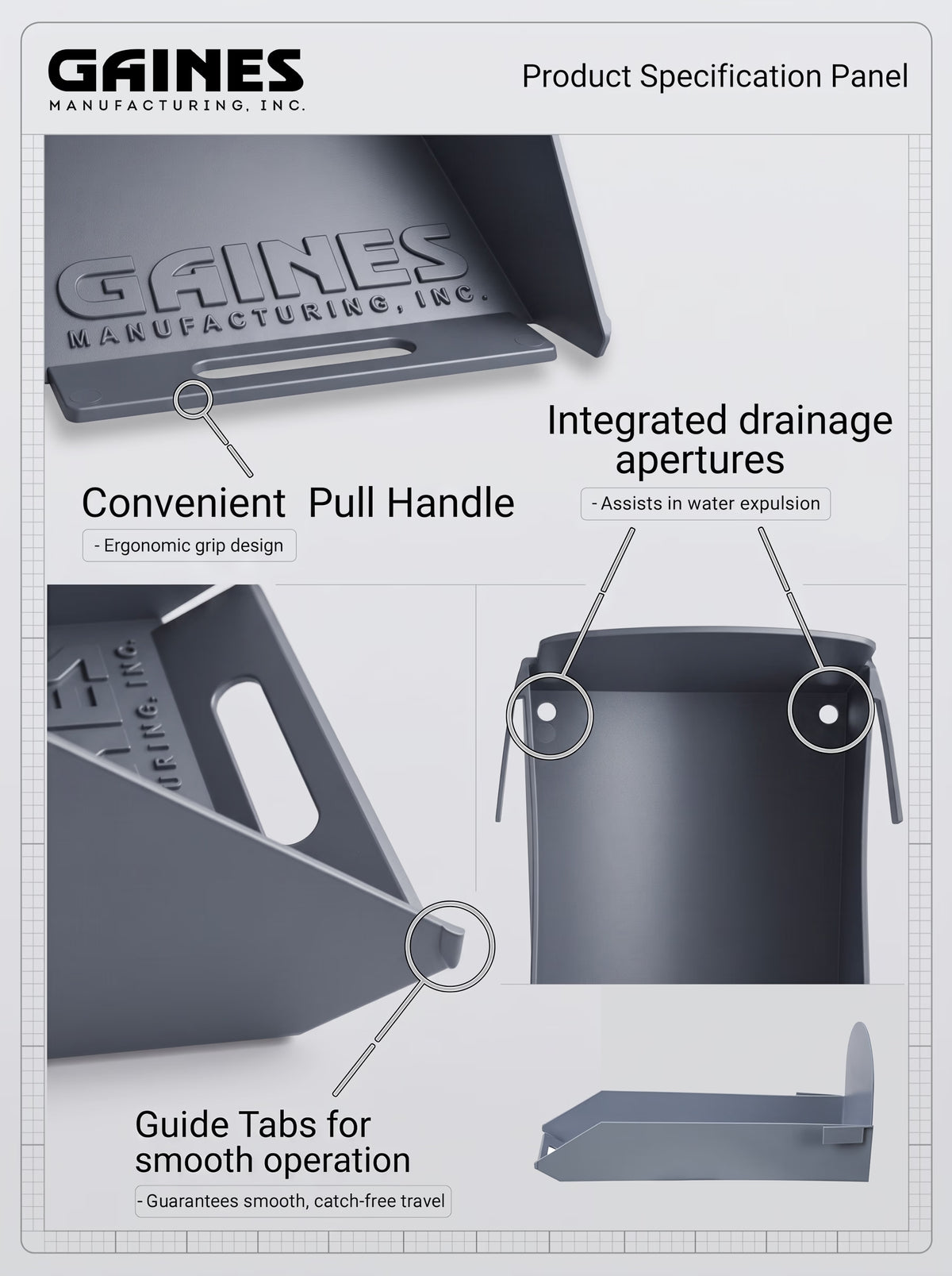 Janzer Sliding Mailbox Tray in sophisticated gray, showcasing a premium pull handle elegantly embossed with the Gaines Manufacturing Inc name, precision-engineered drainage holes for long-term durability, and expertly crafted guide tabs ensuring effortless functionality—designed to elevate curb appeal and stand the test of time for discerning homeowners and exclusive communities.