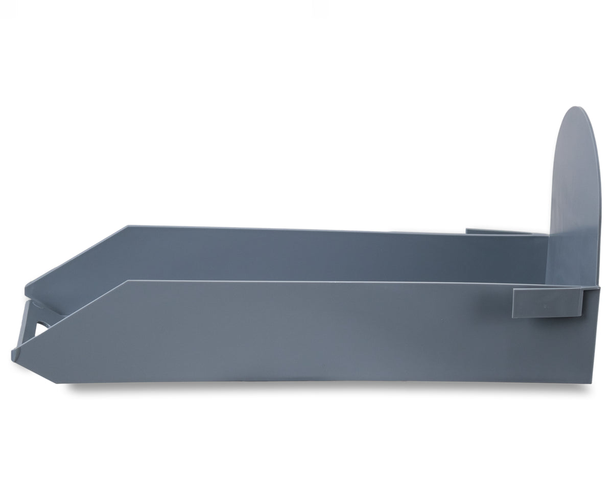 The Janzer Sliding Mailbox Tray by Gaines Manufacturing Inc showcases a refined gray metal construction with an upright back and angled sides, highlighting superior craftsmanship and a sophisticated design that elevates any desk while providing enduring organization for important documents.