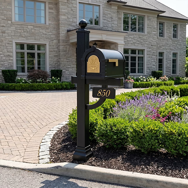 A black metal mailbox post with a gold mailer and a matching house number plaque reading 850, installed in a landscaped driveway garden in front of a stone house.