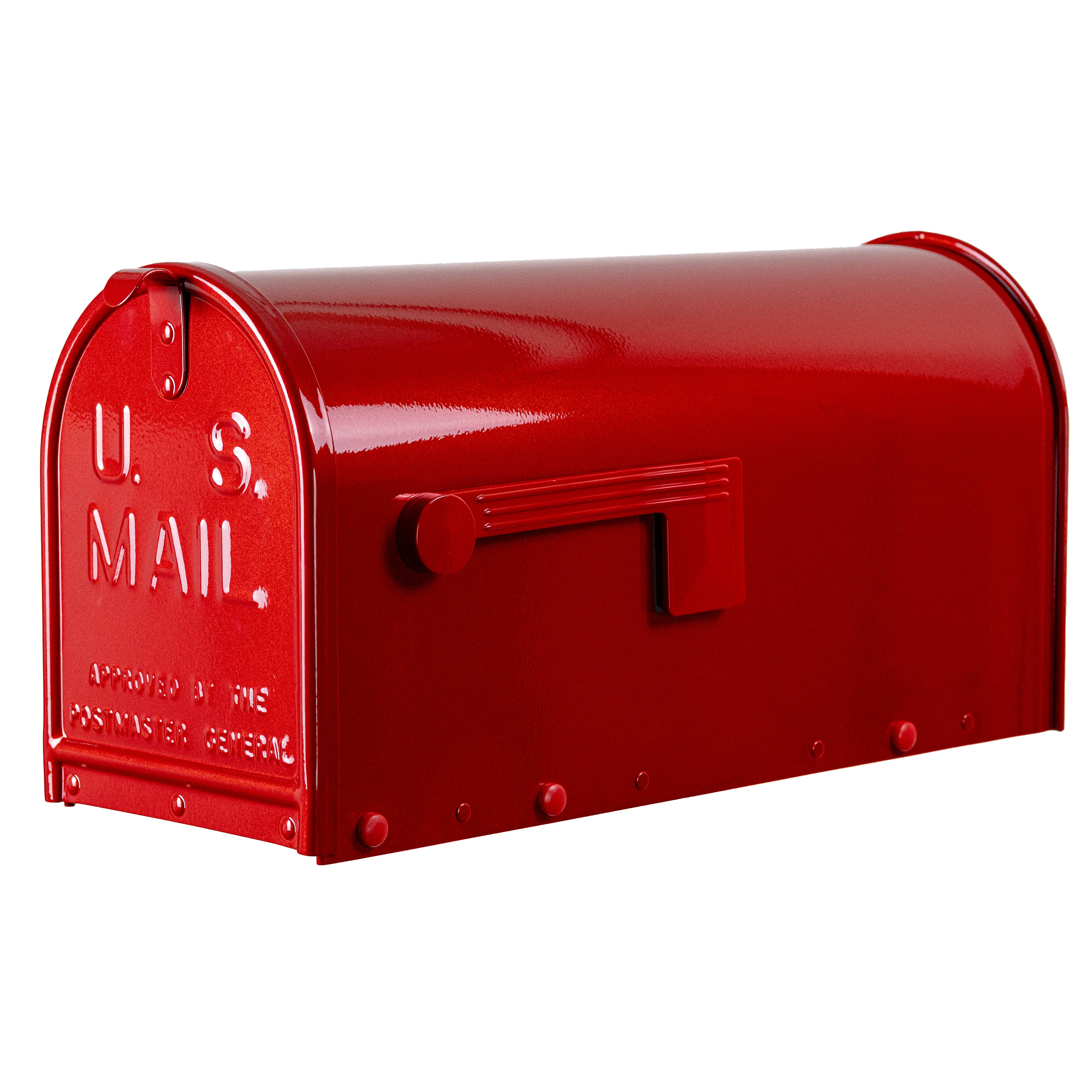 The Limited Edition Red Clear Coat Sparkle Janzer Mailbox by Gaines Manufacturing Inc is presented closed against a white background, showcasing its lustrous, automotive-grade red enamel finish that enhances durability and resists weathering. The sophisticated design includes a meticulously engineered raised flag and an elegantly embossed “U.S. MAIL” on the front, reflecting both prestige and lasting curb appeal—ideal for discerning homeowners and upscale communities.
