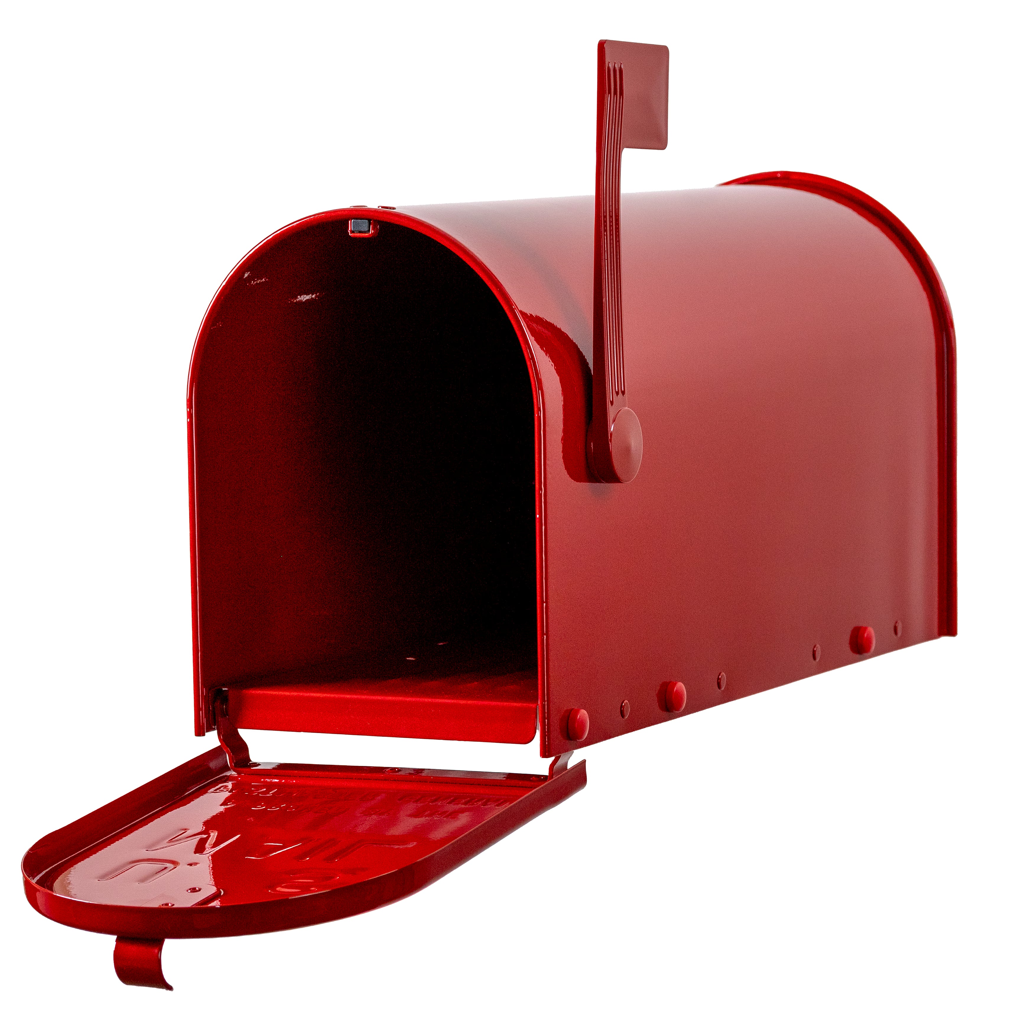 Presenting the Limited Edition Red Clear Coat Sparkle Janzer Mailbox by Gaines Manufacturing Inc—a meticulously engineered red mailbox with a front door open and flag raised, showcasing its generous, immaculate interior. Crafted from premium, weather-resistant materials for enduring strength and flawless beauty, this exclusive design elevates any estate or HOA community entrance with timeless elegance and prestigious curb appeal.