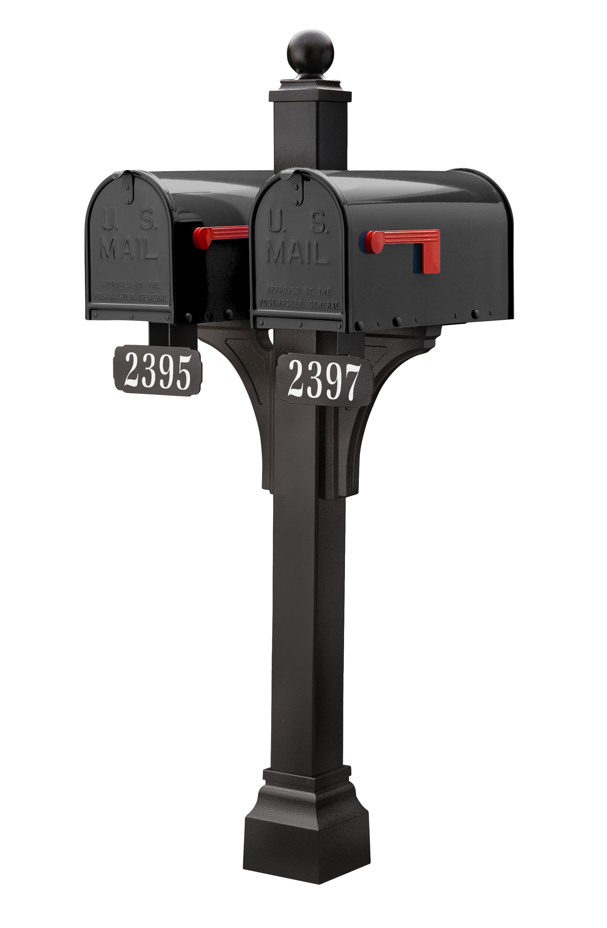 Exemplifying architectural refinement, two premium black mailboxes with striking red flags from Gaines Manufacturing Inc are elegantly paired atop a robust Janzer Double and Multi Mount system. The sophisticated post features distinguished house numbers 2395 and 2397 on upscale address plaques, seamlessly integrated with custom metal nameplates—highlighting superior craftsmanship, long-lasting materials, and unparalleled curb appeal for discerning homeowners and HOAs.
