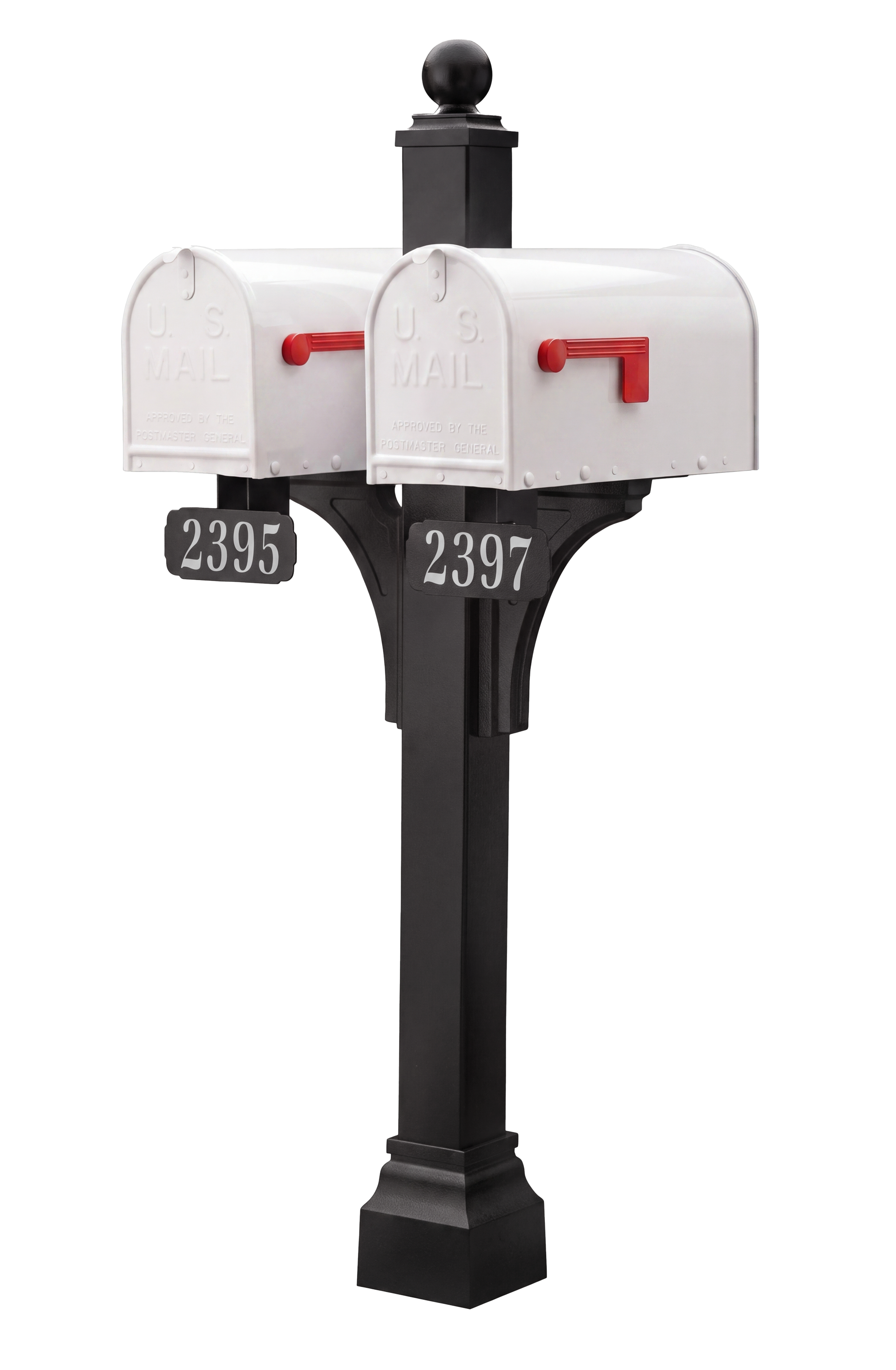 Two elegant white mailboxes with red flags from Gaines Manufacturing Inc’s Janzer Double and Multi Mount collection are showcased on a sophisticated black post, crafted for exceptional durability and premium curb appeal. Each mailbox features a boldly displayed address plaque—2395 on the left and 2397 on the right—highlighting superior materials and timeless design ideal for discerning homeowners and prestige communities.