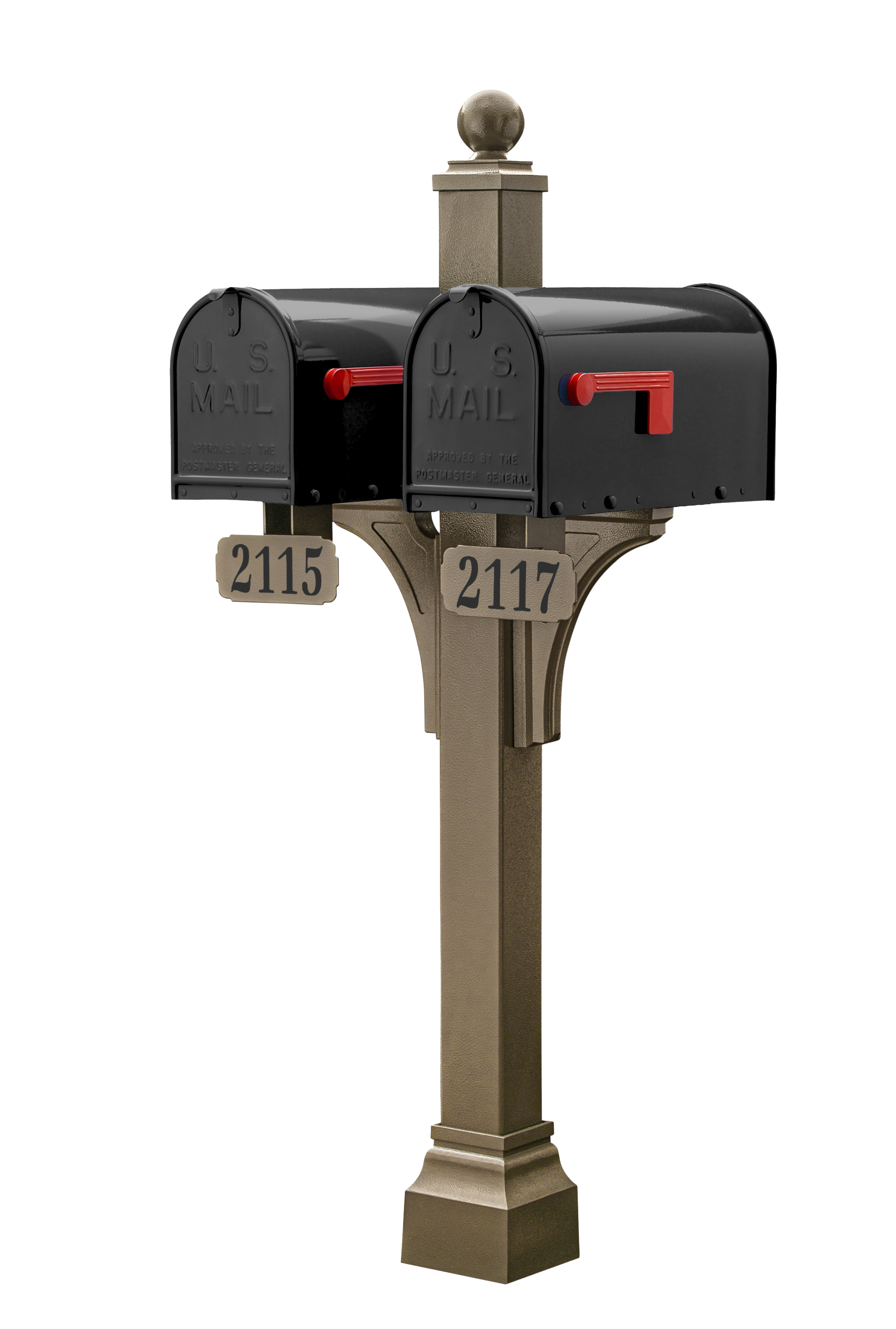 Two premium black U.S. mailboxes with refined red flags, expertly crafted by Gaines Manufacturing Inc., are elegantly paired on a sophisticated bronze Janzer Double and Multi Mount post—an exceptionally durable, upscale solution that enhances curb appeal. Each mailbox features a polished address plaque displaying the numbers 2115 and 2117, set against a clean white background to highlight the timeless design and superior materials.