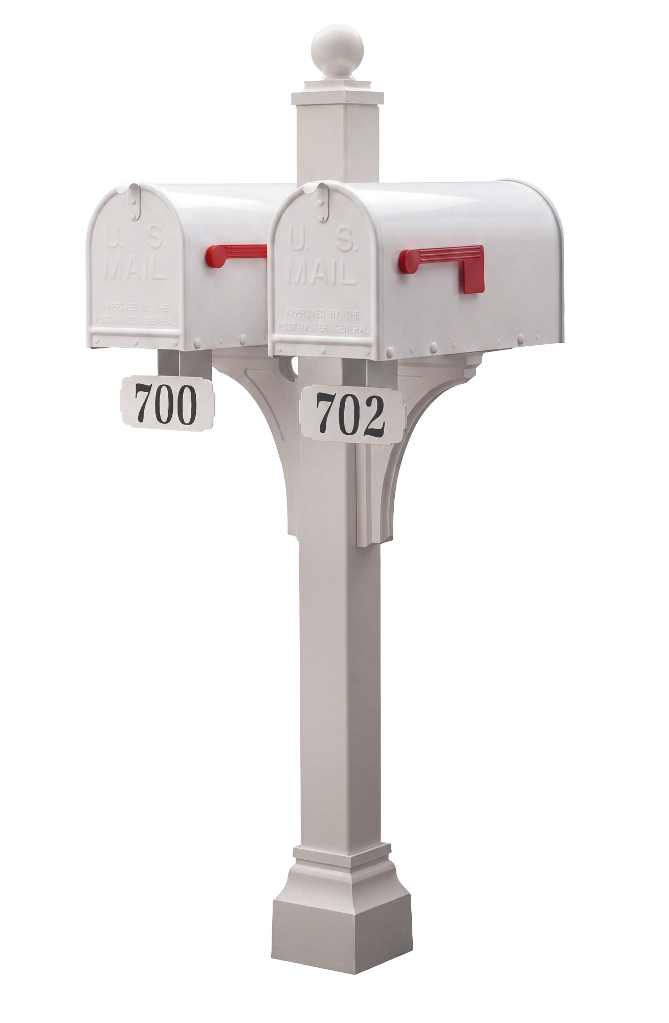 Two Gaines Manufacturing Inc Janzer Double and Multi Mount mailboxes, crafted from premium materials for enduring performance, are elegantly displayed side by side on a sophisticated light gray decorative stand. Sleek red flags accentuate the design, while refined address plaques with numbers 700 and 702 add a touch of luxury—an ensemble embodying superior craftsmanship and curb appeal set against a clean white background.
