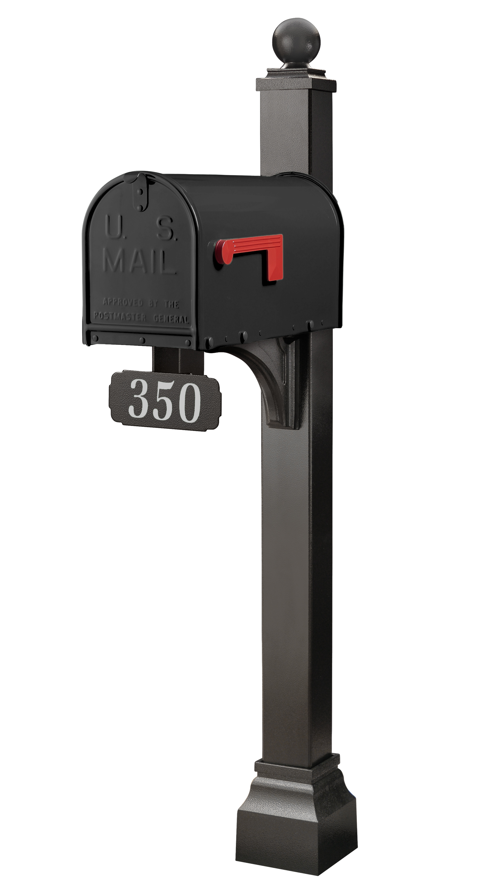 A sophisticated black U.S. mailbox with a distinctive red flag is elegantly mounted on the stately Janzer Universal Post Package by Gaines Manufacturing Inc, highlighted by an upscale number plate reading 350. The premium powder-coated steel construction ensures unmatched durability and lasting elegance, making this installation a pinnacle of refined curb appeal for luxury residences and discerning communities.