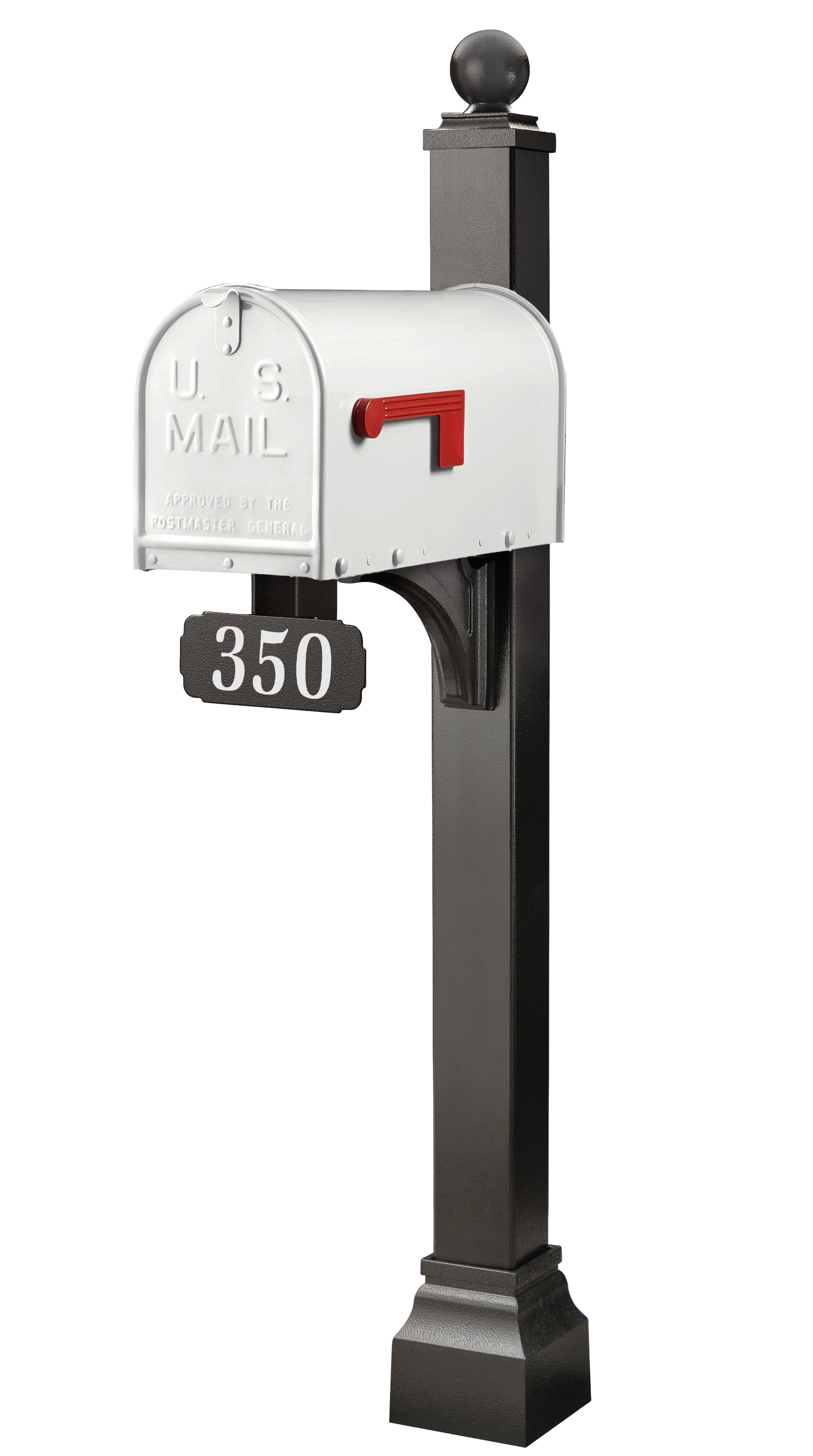 A pristine white U.S. mailbox with a striking red flag is elegantly mounted on the Janzer Universal Post Package by Gaines Manufacturing Inc., crafted from premium, weather-resistant materials for enduring durability and sophisticated curb appeal. Below, a sleek black address plaque featuring the house number 350 in crisp white adds a refined finishing touch, embodying both luxury and lasting quality ideal for high-end residences and discerning HOAs.