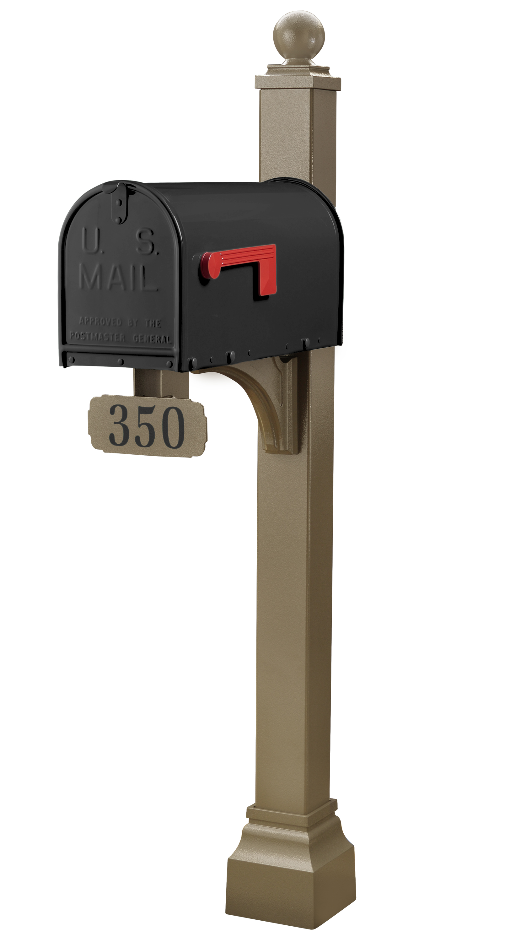 A refined black U.S. Mail mailbox with a classic red flag is elegantly mounted on a tall, durable beige Janzer Universal Post Package by Gaines Manufacturing Inc. The post’s distinguished finish and superior construction ensure lasting curb appeal, complemented by an upscale metal number plate featuring the number 350 below the mailbox—an ideal combination of prestige and reliability for discerning homeowners.