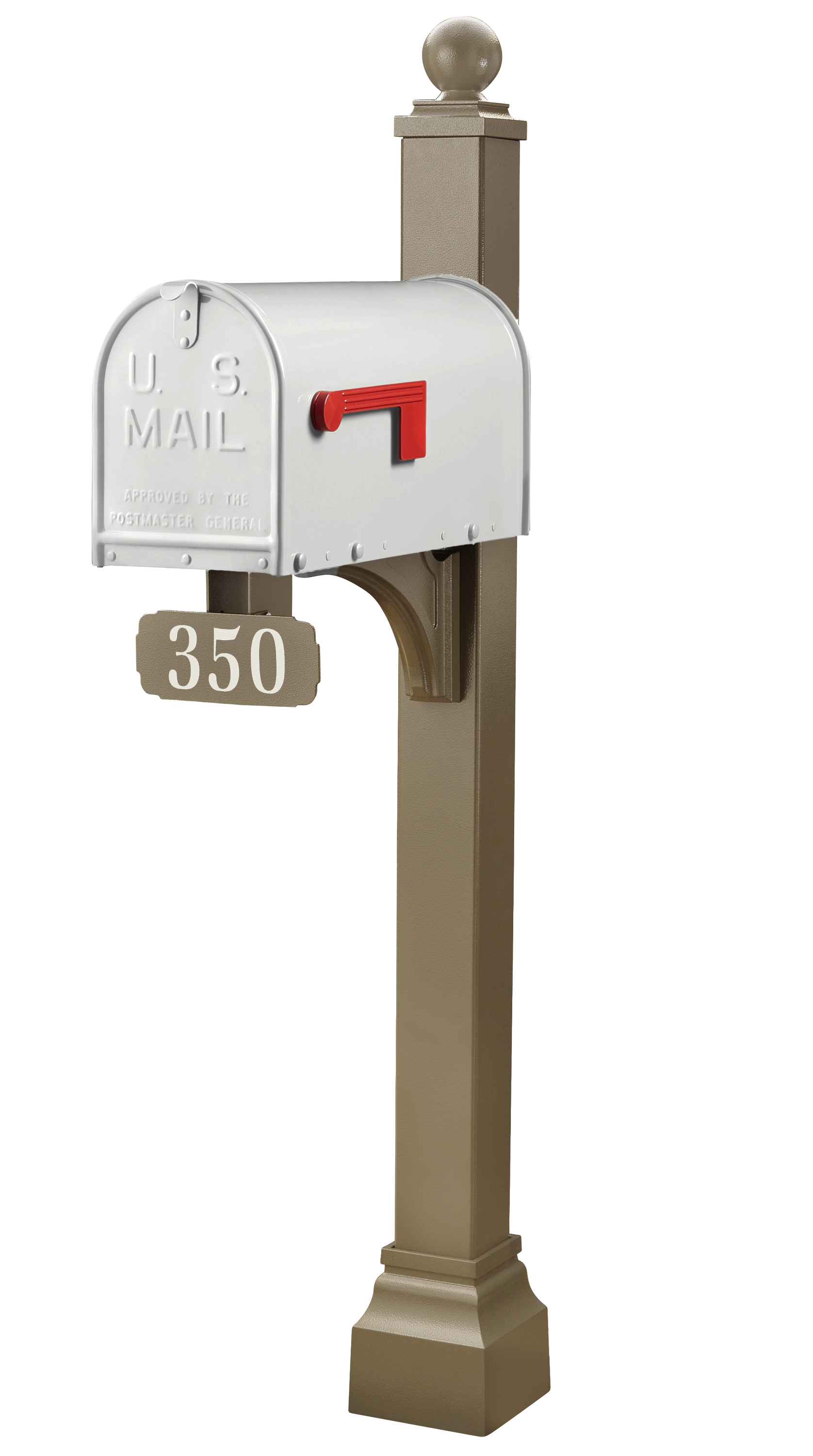 An elegantly designed white U.S. Mail mailbox with a bold red flag is showcased atop the stately, brown Janzer Universal Post Package by Gaines Manufacturing Inc. This premium post solution features superior-grade materials and meticulous craftsmanship, with the house number 350 refinedly displayed on an upscale plaque beneath the mailbox, enhancing both curb appeal and lasting durability for discerning homeowners.