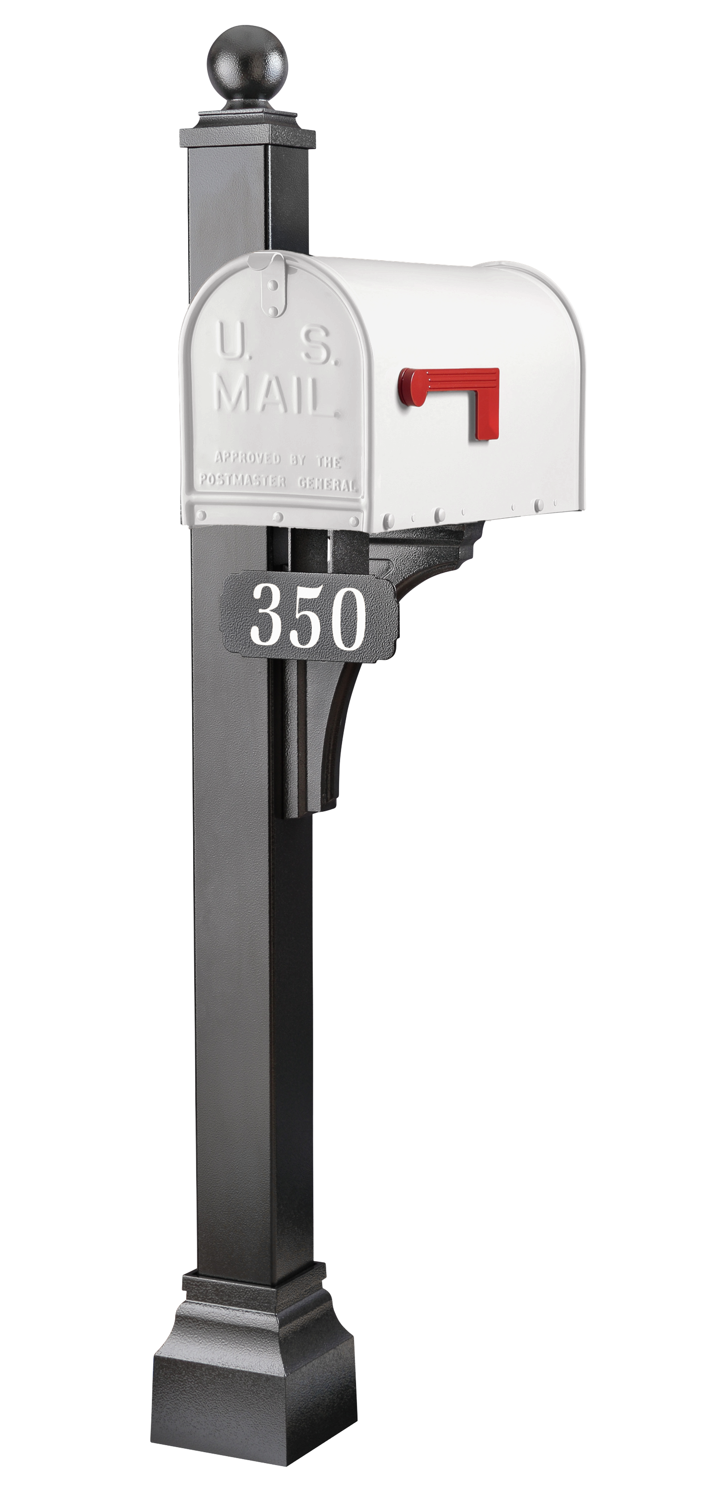 A pristine white U.S. mailbox with a striking red flag is elegantly mounted on the stately Janzer Universal Post Package crafted by Gaines Manufacturing Inc, featuring exceptional materials designed for durability and timeless aesthetic appeal; the number 350 is prominently displayed on a sophisticated black plaque seamlessly integrated with the premium post.