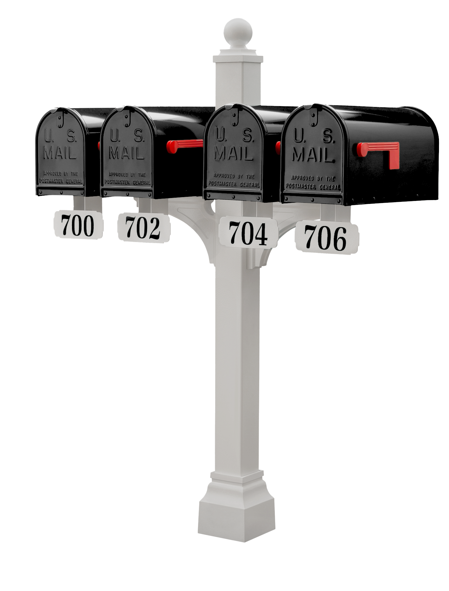 A set of four premium black Gaines Manufacturing Inc Janzer mailboxes, featuring elegant red flags and distinguished by address plaques marked 700, 702, 704, and 706, are elegantly mounted on a robust Janzer Double and Multi Mount. Crafted for exceptional durability and refined curb appeal, these mailboxes showcase superior materials and timeless design ideal for discerning homeowners or upscale HOA communities.
