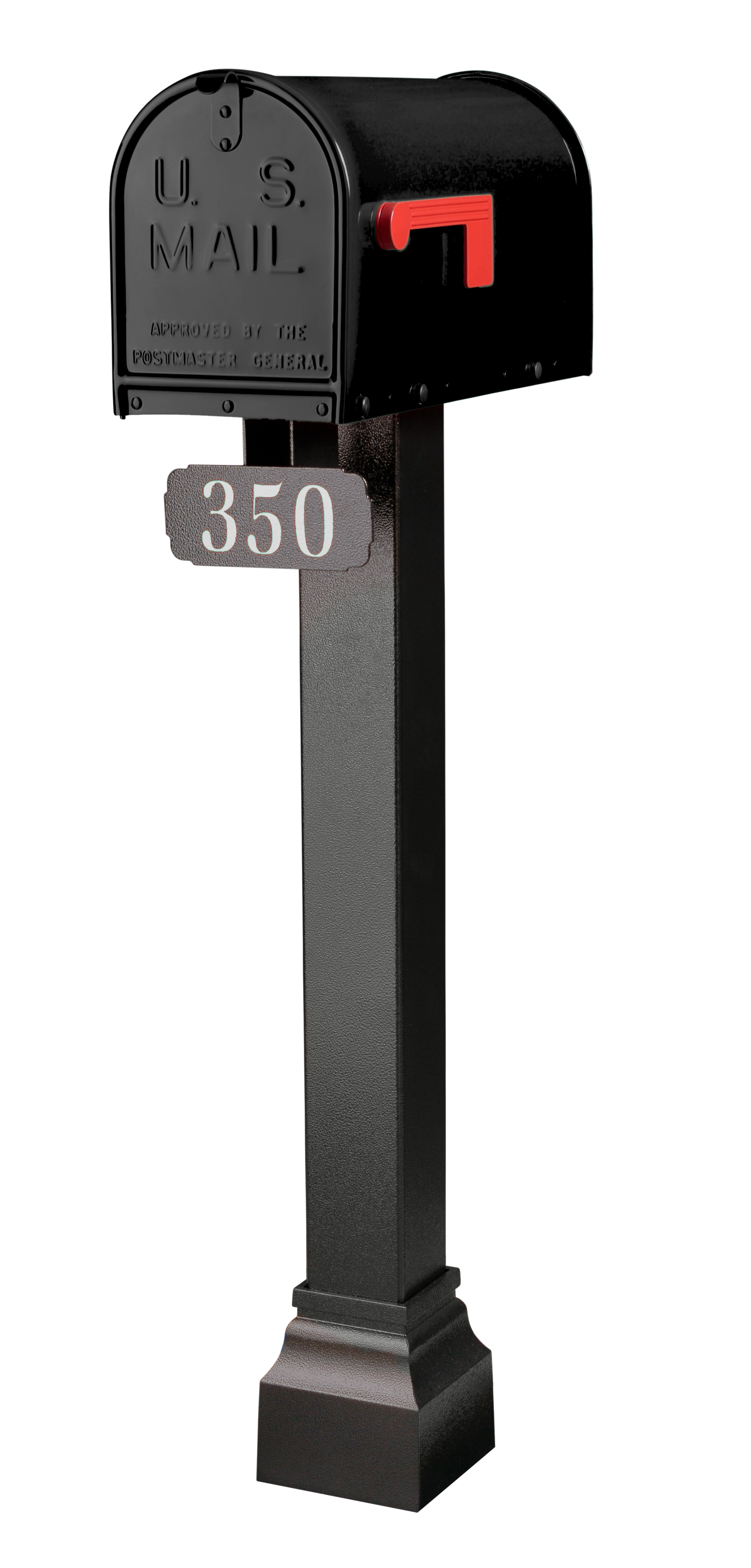 A Janzer Standard Post Package by Gaines Manufacturing Inc showcases a premium black mailbox with a striking red flag, elegantly mounted on a robust, weather-resistant post engineered for longevity and exceptional curb appeal. The post is adorned with the sophisticated silver address number 350, highlighting meticulous craftsmanship and upscale design against a crisp white background.