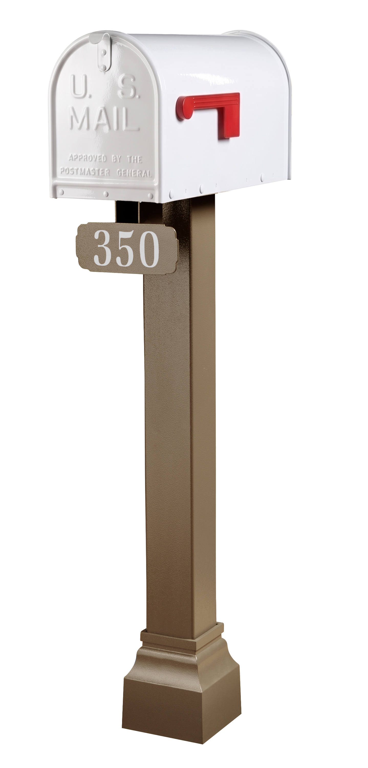 A premium white Gaines Manufacturing Inc Janzer mailbox with a refined red flag is elegantly mounted on an architecturally robust brown Standard Post, both crafted for exceptional durability and sophisticated curb appeal. Below the mailbox, a gray plaque displays the weather-resistant number 350, underscoring attention to lasting quality and distinctive style.