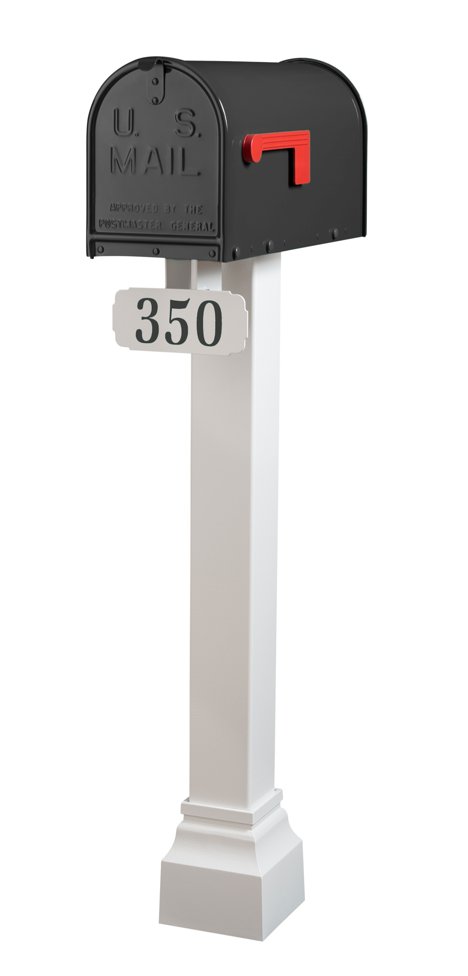 An elegantly designed black Janzer mailbox with a striking red flag is showcased on a premium, weather-resistant Standard Post featuring the house number 350. Engineered for both durability and curb appeal, this U.S. MAIL-labeled mailbox exemplifies superior materials and craftsmanship, standing upright against a clean white background—ideal for distinguished properties seeking lasting prestige.