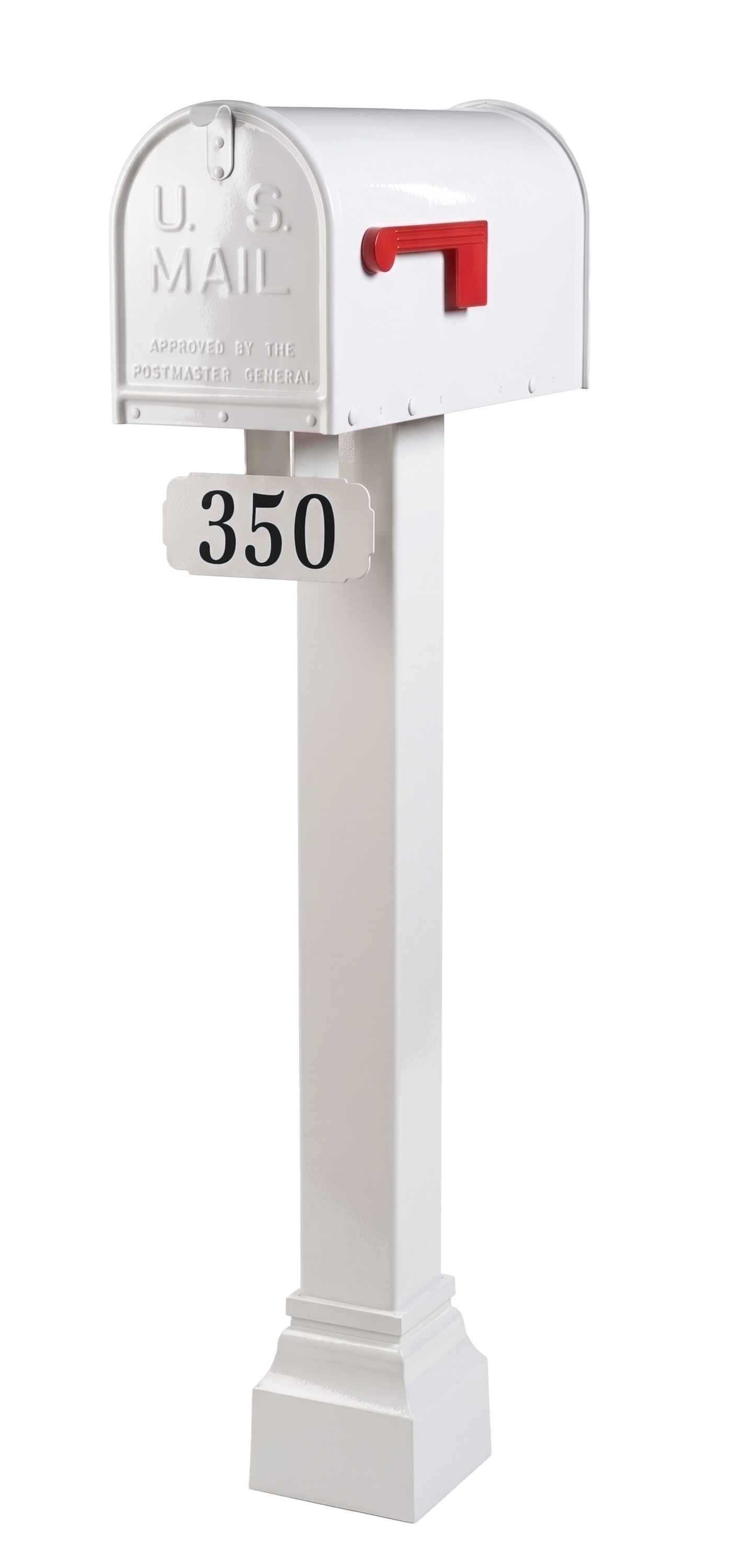 An elegant, weather-resistant Janzer Standard Post Package by Gaines Manufacturing Inc is showcased in pristine white atop a stately tall post. Crafted for lasting durability and distinguished curb appeal, the mailbox features premium materials and refined lines, with a classic red flag and a polished face inscribed with U.S. MAIL. Below, a sleek rectangular plaque tastefully presents the number 350 for an upscale finishing touch.