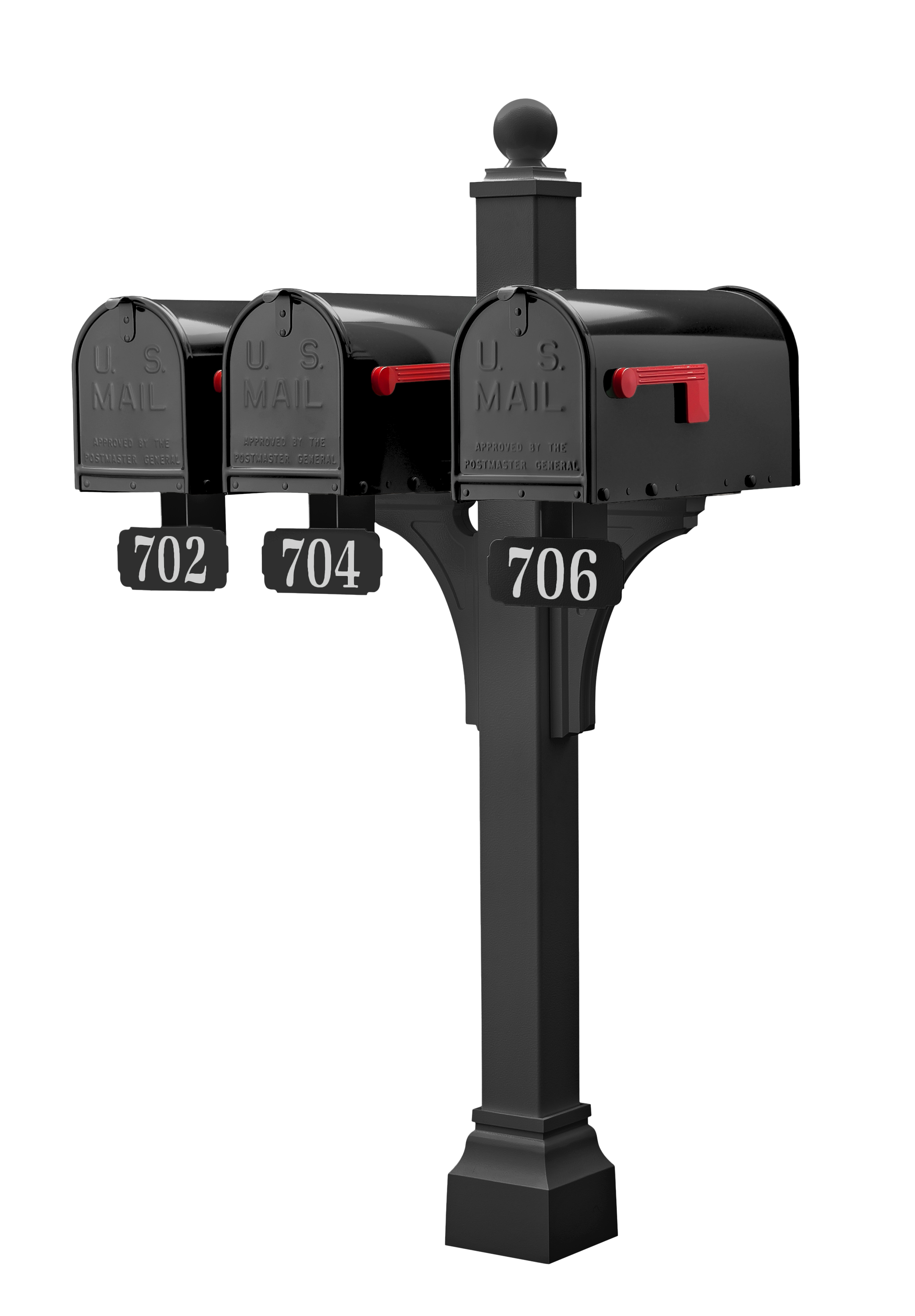 A trio of premium black mailboxes with elegant red flags by Gaines Manufacturing Inc are showcased on the refined Janzer Double and Multi Mount, highlighting unmatched material durability and architectural sophistication. Each mailbox is adorned with a distinguished address plaque—702, 704, and 706—presenting an upscale, cohesive solution that elevates curb appeal for discerning homeowners and exclusive HOAs, set against a minimalist white backdrop.