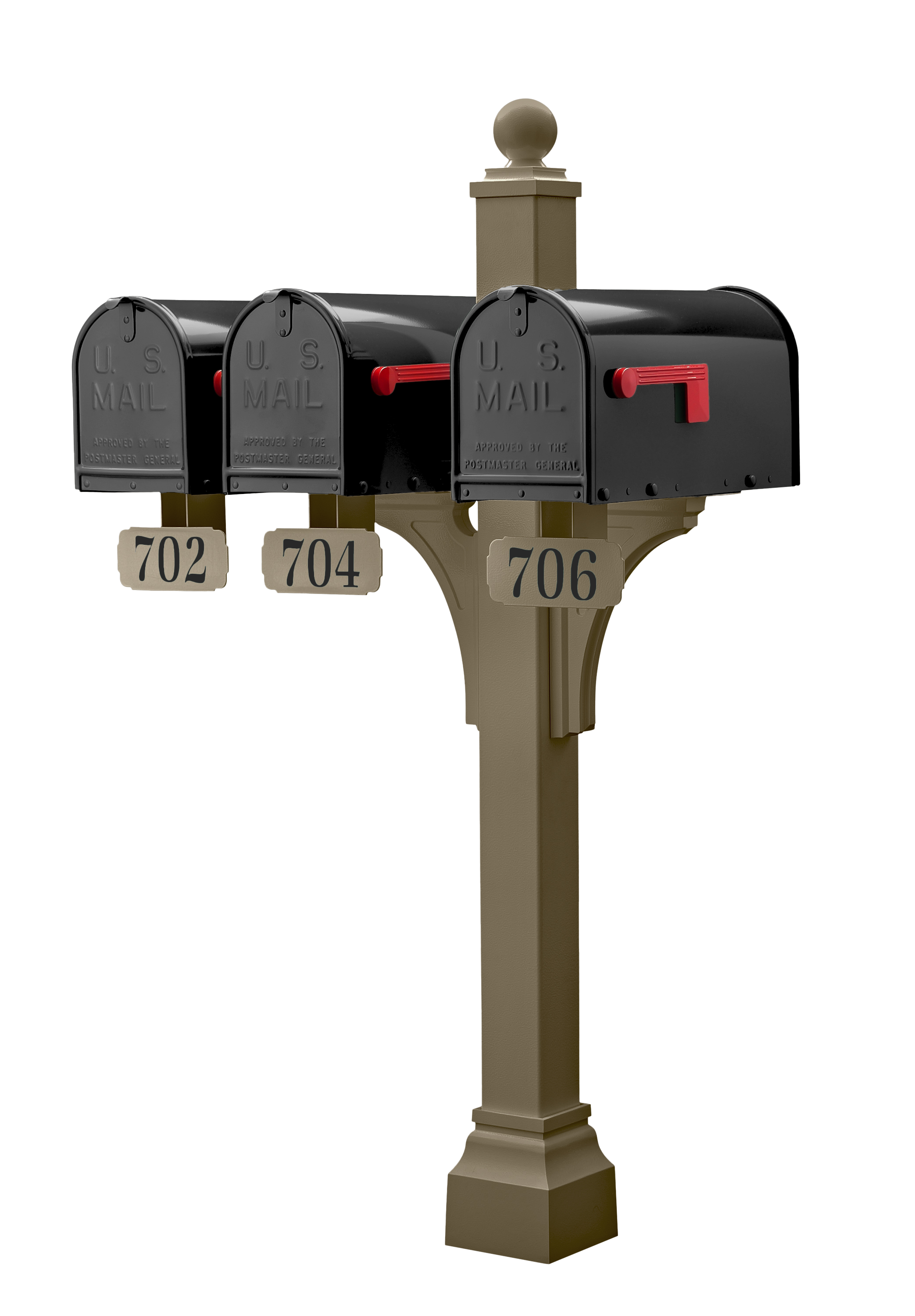 A trio of premium black Gaines Manufacturing Inc mailboxes with elegant red flags are showcased on a robust, architecturally refined tan Janzer Double and Multi Mount designed for exceptional durability and timeless curb appeal. Each mailbox highlights an upscale address plaque with the numbers 702, 704, and 706, perfectly positioned for both function and aesthetic harmony beneath the expertly crafted mount.