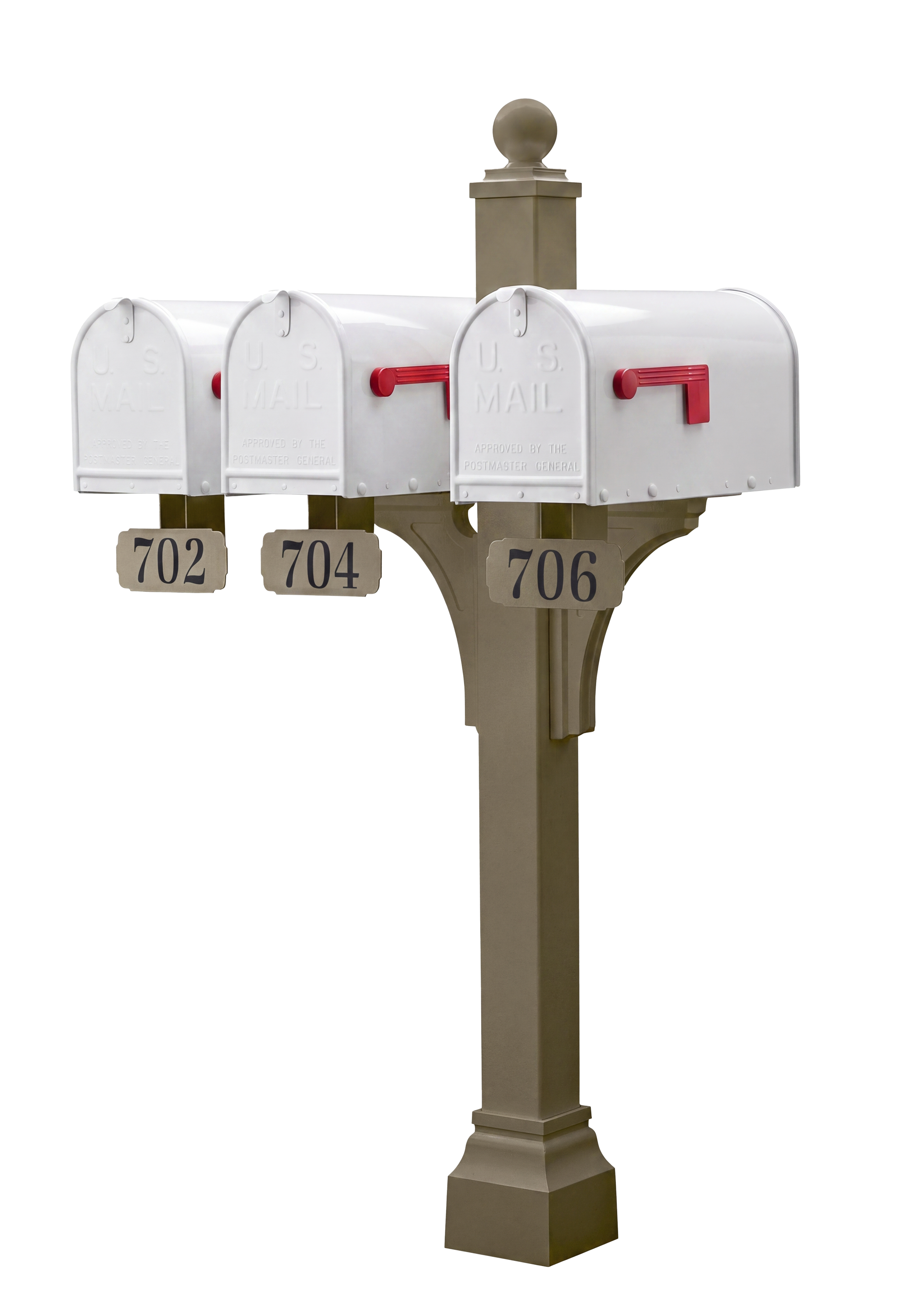 Three elegant white U.S. mailboxes with distinctive red flags and custom-numbered address plaques—702, 704, and 706—are showcased on a robust brown Janzer Double and Multi Mount by Gaines Manufacturing Inc, expertly crafted for superior durability and refined curb appeal, set against a crisp white background to highlight their premium materials and sophisticated design.
