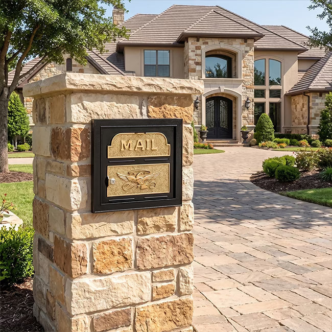 A black and gold custom stone mailbox mounted on a tan and brown stone pillar in front of a large stone-and-stucco house with a paved driveway.