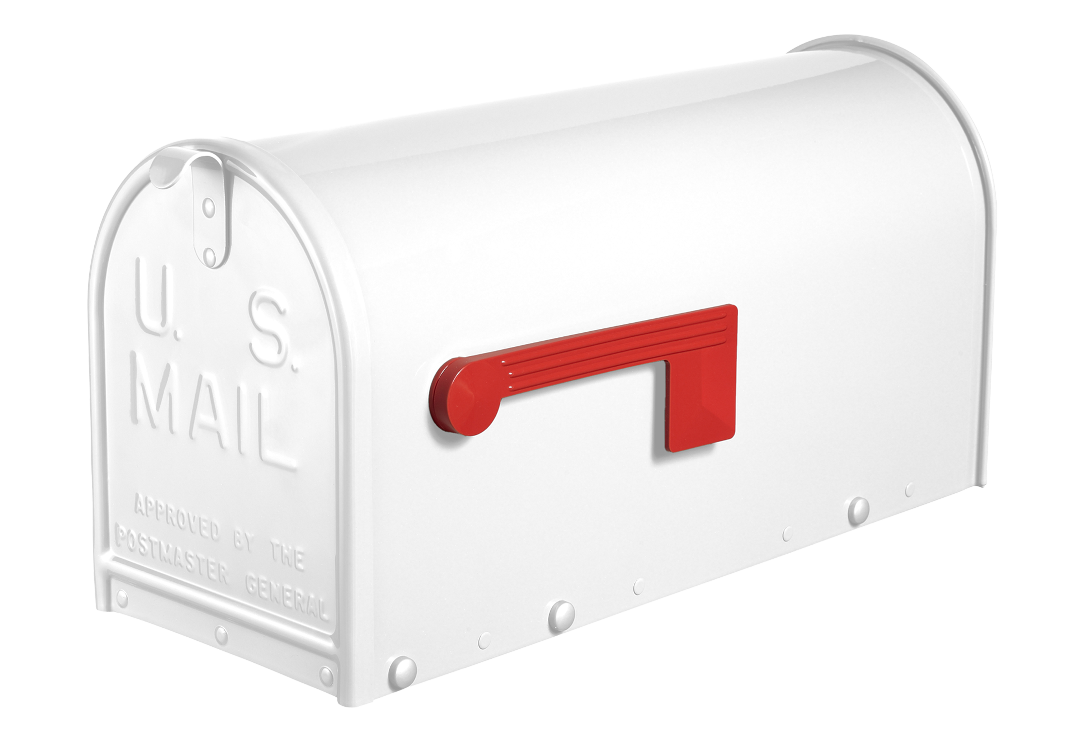 A premium Black and White Gloss Janzer mailbox by Gaines, with a red flag, showcases enduring quality and sophisticated curb appeal.