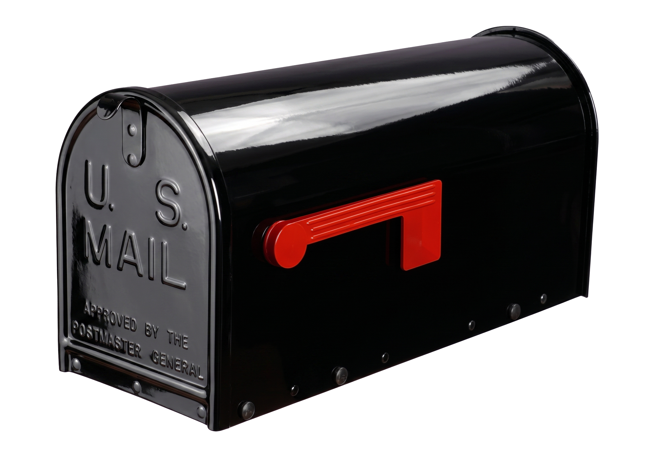 Sleek black and white Janzer mailbox, premium gloss finish, bold red flag—embodying elegance and enduring curb appeal.
