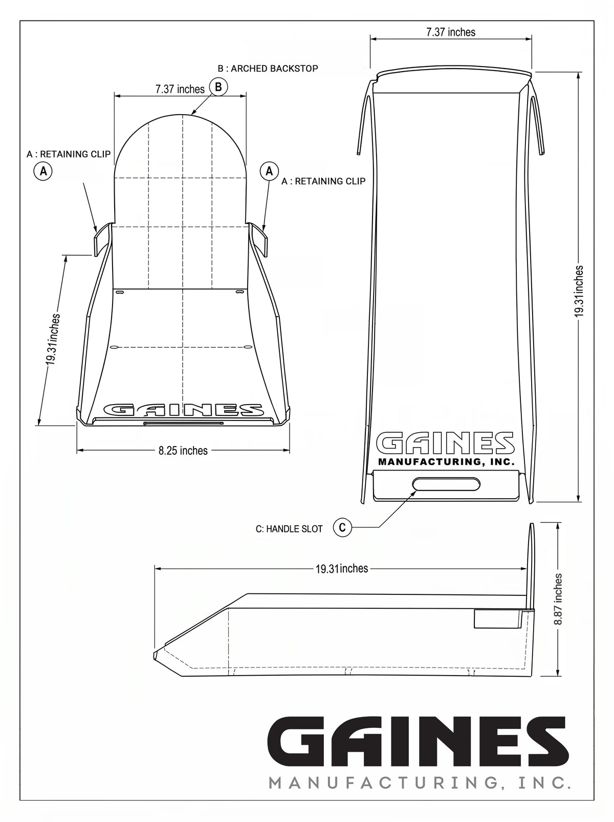 Technical drawing of the Janzer Slide Out Mailbox Tray by Gaines Manufacturing Inc, featuring front, side, and top views with precise dimensions. Highlights include a refined handle slot for ease of use, an elegantly arched backstop that enhances visual appeal, and robust retaining clips ensuring secure functionality. Crafted from premium materials renowned for durability and weather resistance, this tray is engineered to elevate curb appeal while delivering lasting performance—ideal for discerning